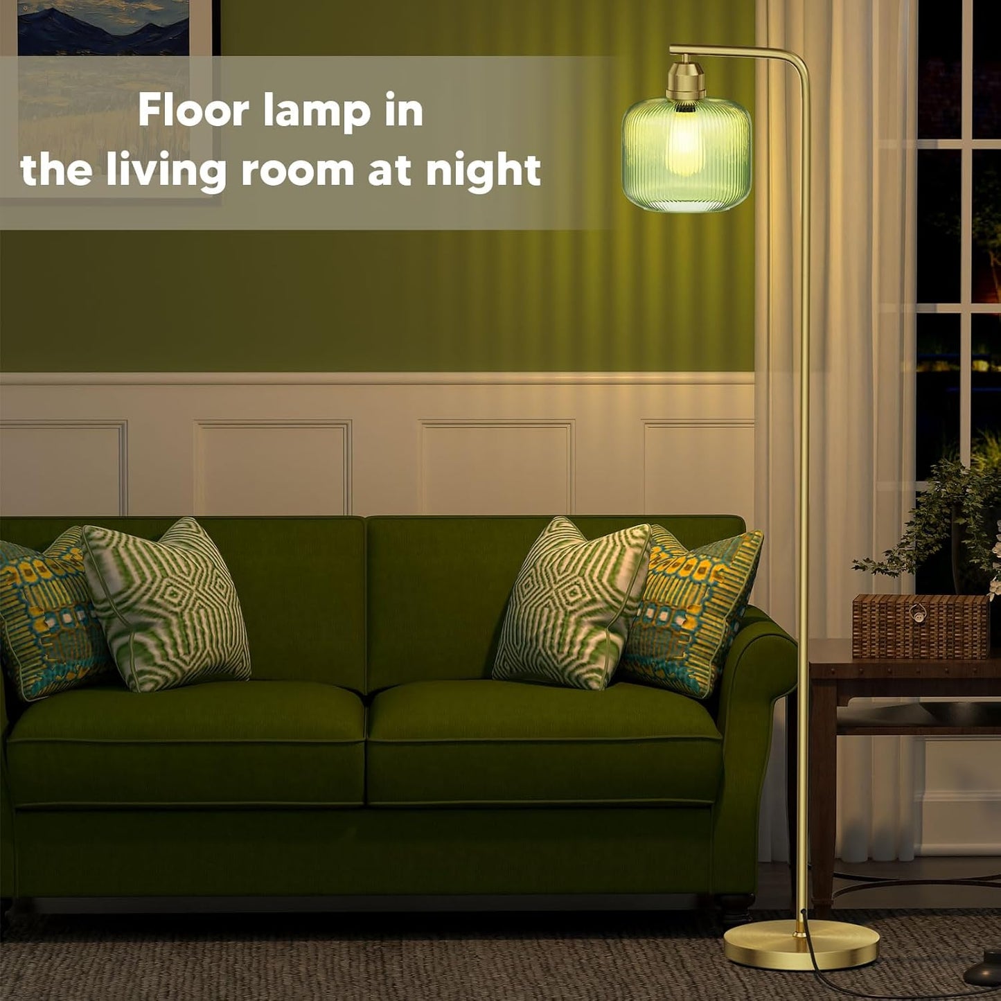 Glass Floor Lamp for Living Room, Modern Standing Lamp with Green Ribbed Glass Lampshade and Pedal Switch, 66” Tall Lamp & Gold Floor Lamp for Bedroom Study Room,Brushed Gold(3000K LED Bulb Included)