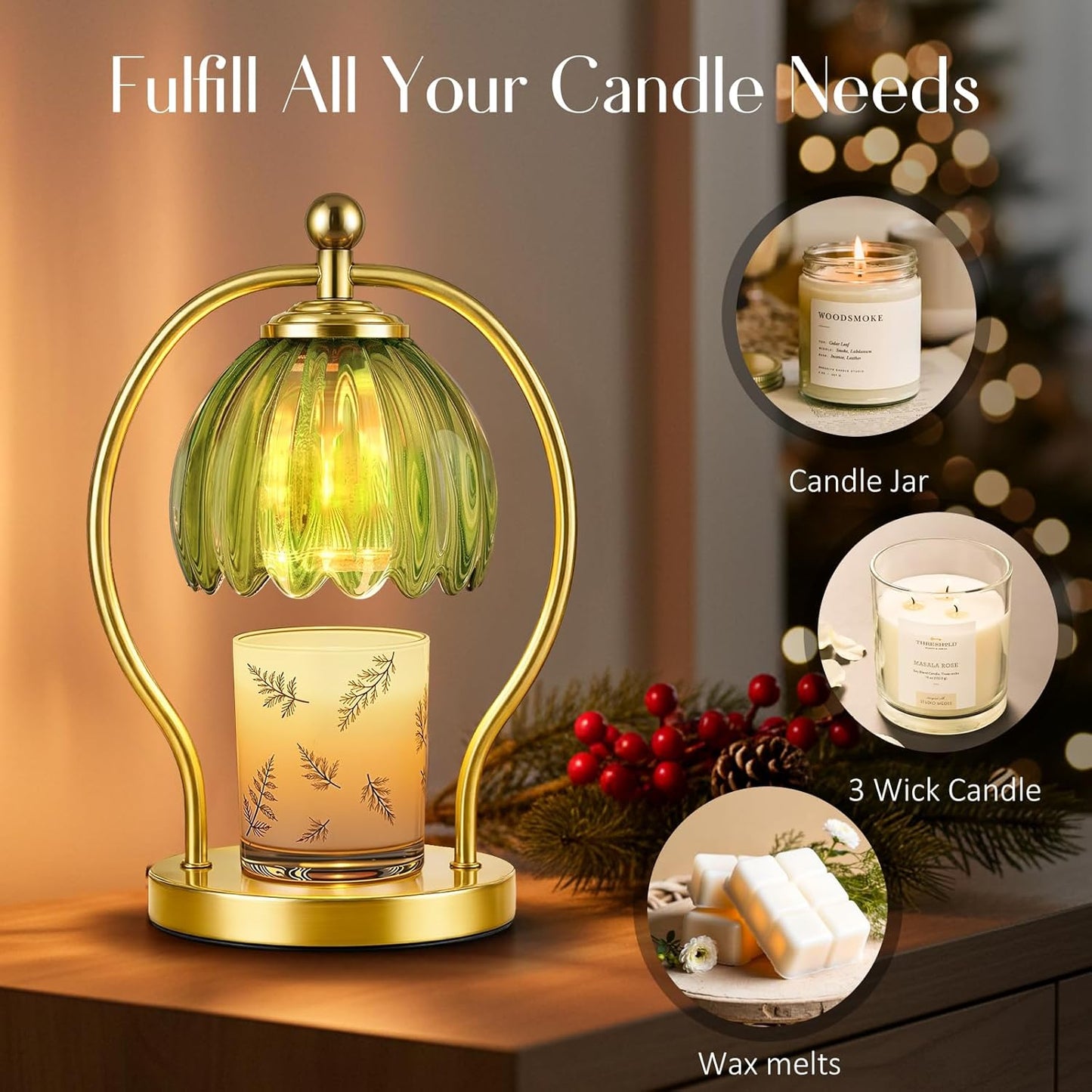 COTTHOS Candle Warmer Lamp, Dimmable Candle Warmer with Timer, Vintage Candles Wax Warmers for Jar Candles Christmas Birthday Gifts for Women Mom, Home Decor for Bedroom Living Room, Gold Green