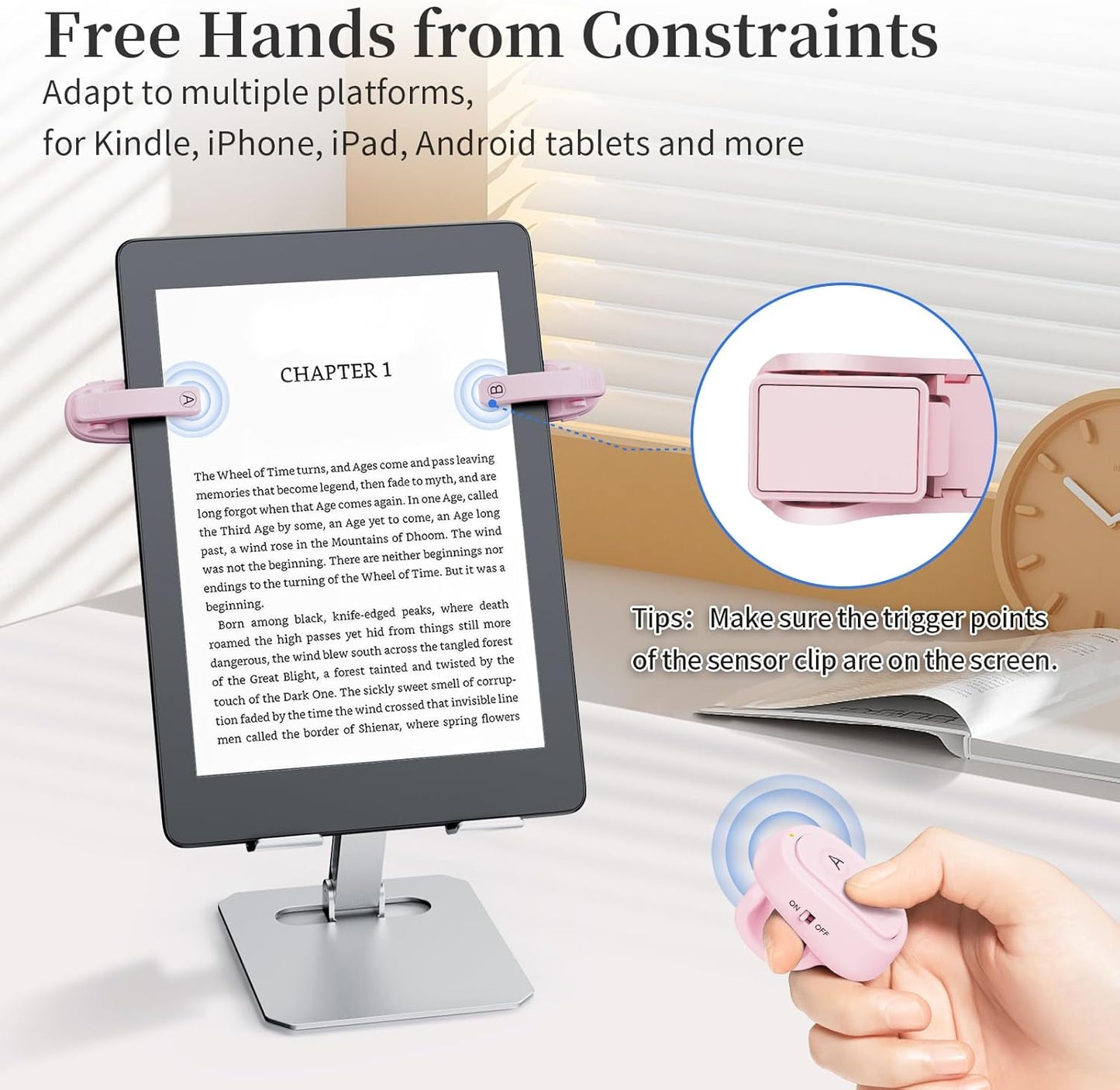 [2 Clips] Finger Ring Kindle Page Turner Remote Control for Paperwhite: Rechargeable Wireless Clicker for Reading on Bed for iPhone Android iPad, Camera Shutter & Video Record Accessories (Pink)