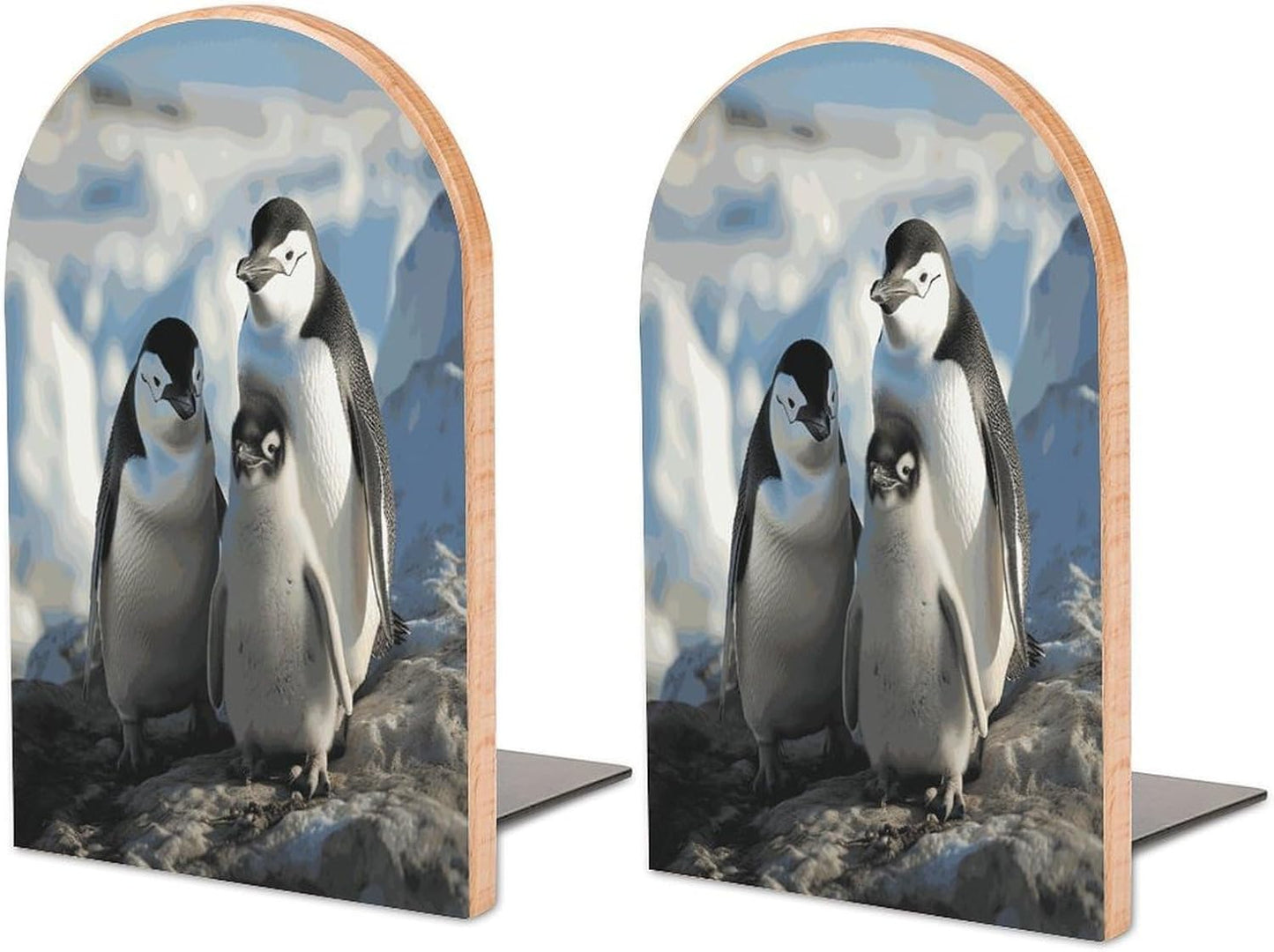 Penguin Parents and Chicks Antarctica Large Bookend for Shelves Wooden Book End Large Size Sturdy Book Holders Stoppers with Metal Base for Bookshelves Slick Decorative Bookends Stands