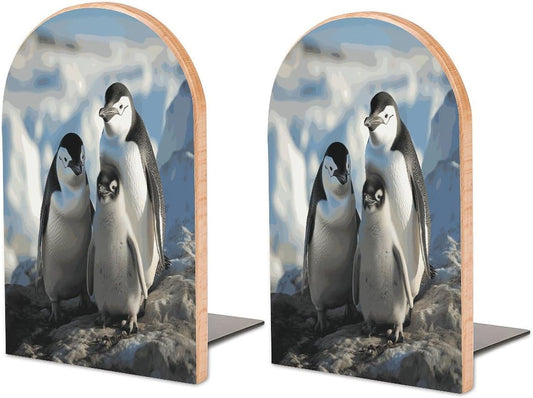 Penguin Parents and Chicks Antarctica Large Bookend for Shelves Wooden Book End Large Size Sturdy Book Holders Stoppers with Metal Base for Bookshelves Slick Decorative Bookends Stands