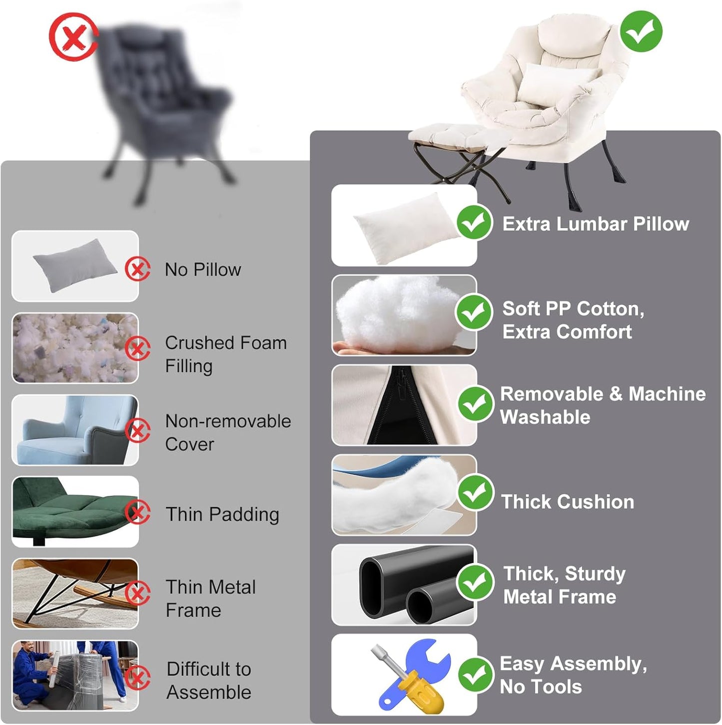 Lazy Chair with Ottoman, Modern Accent Chair with Lumbar Pillow, Velvet Beige Sofa, Armchairs with Folding Footrest, Oversized Supportive Chairs for Bedroom, Reading