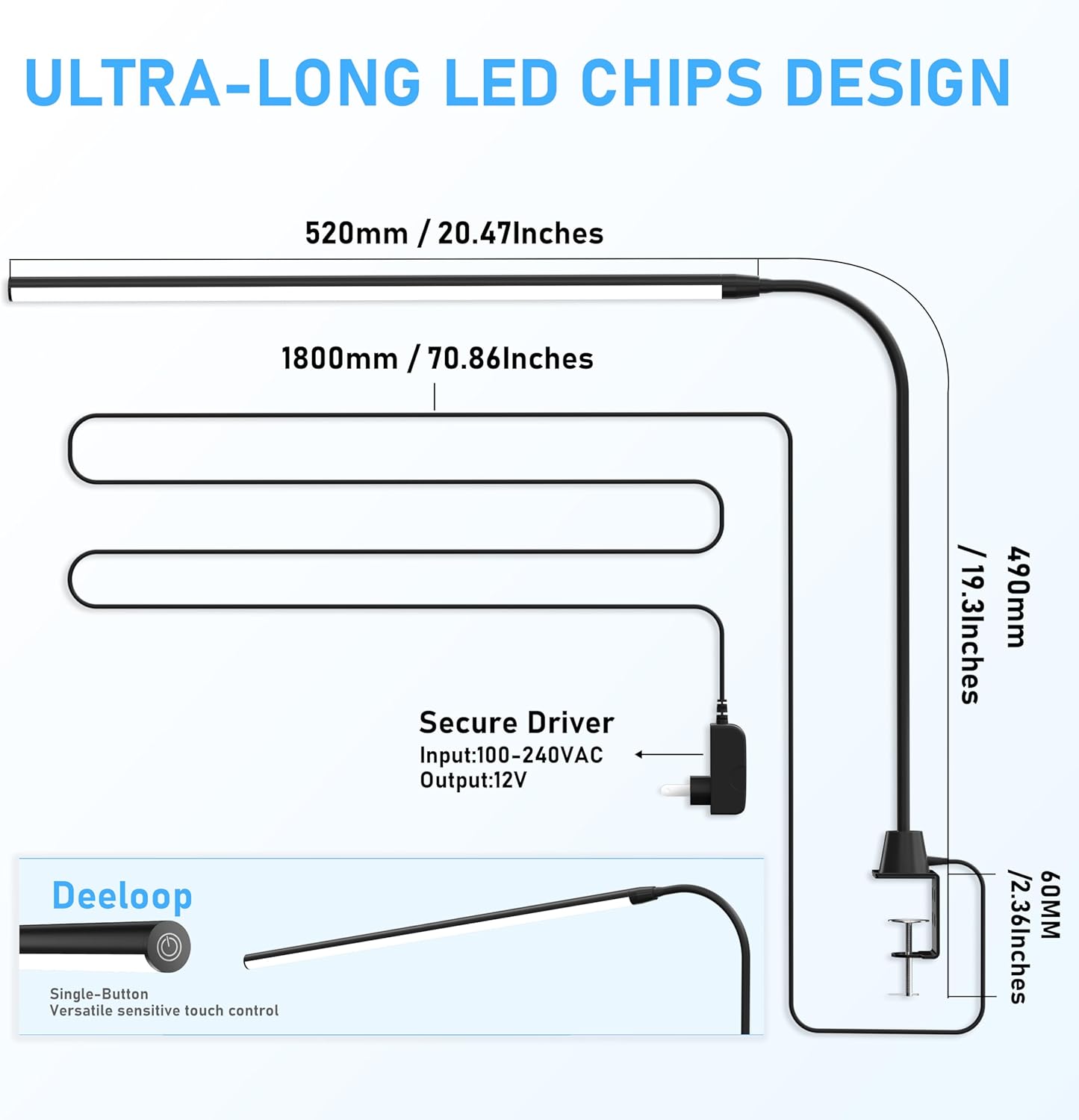 deeloop LED Clip-on Reading Light, 20" Ultra-Long Chips Bright Desk Lamp, 10%-100% Stepless Dimming & 3 Color Modes Office Lamp with 360 Head Rotation Memory Function Clamp Light