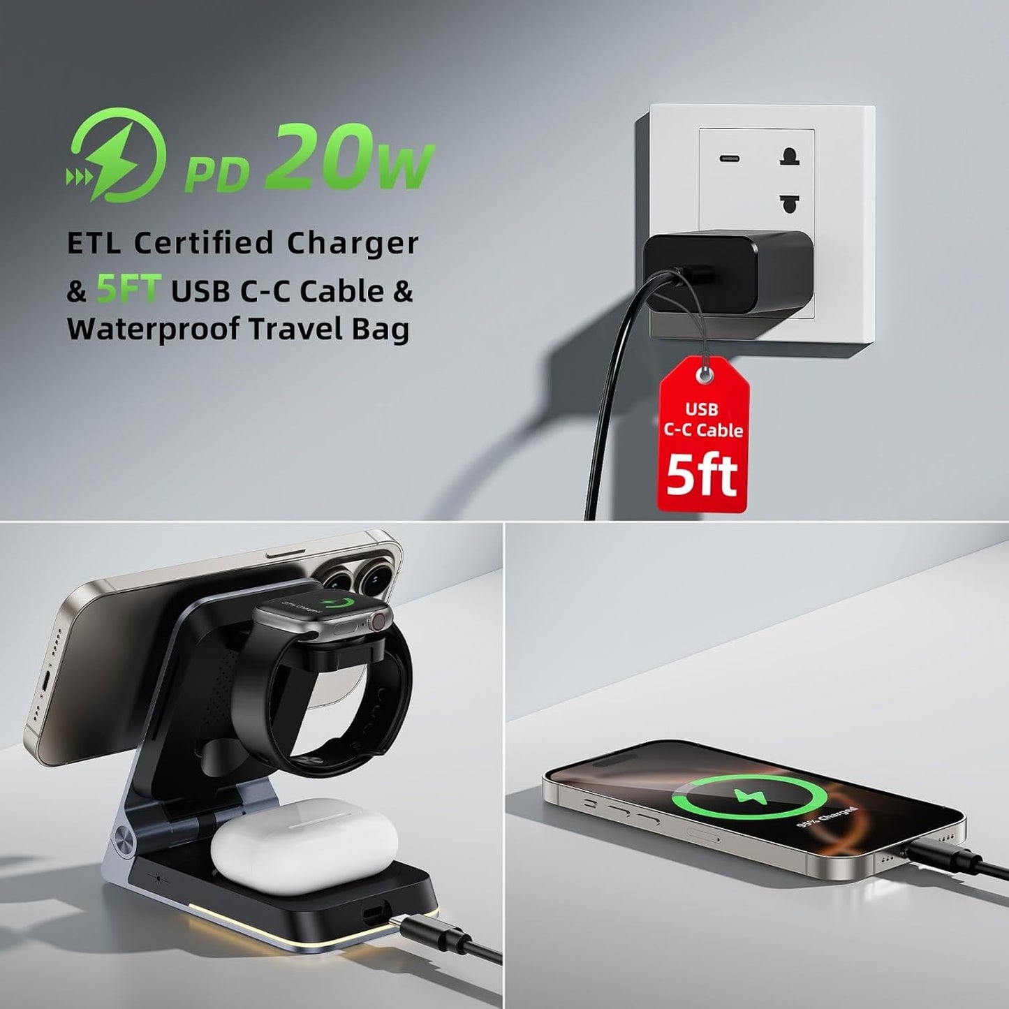 Foldable Wireless Charger 3 in 1 - Magnetic Wireless Charging Station for Apple Magsafe Charger Stand with Light,Aluminum Portable Travel Charger Dock for iPhone 17/16/15/14/13/12,Apple Watch,AirPods