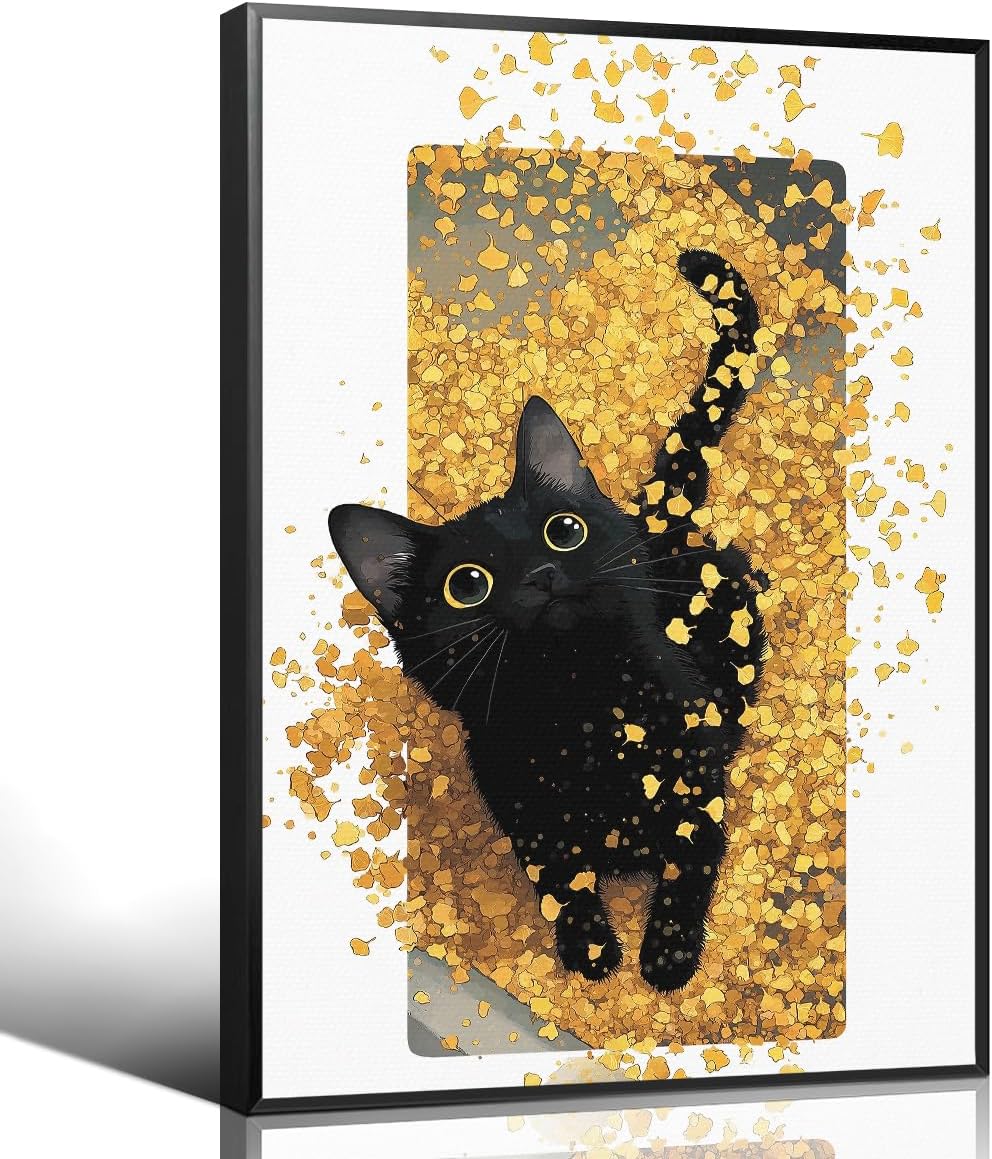OAOPIC Black Cat Canvas Wall Art, Cat Sits Among Autumn Falling Maple Leaves Poster, Cozy Fall Season Halloween Wall Decor, Thanksgiving Day Cute Kitty Painting Gift for Animal Lover 8x12in Unframed