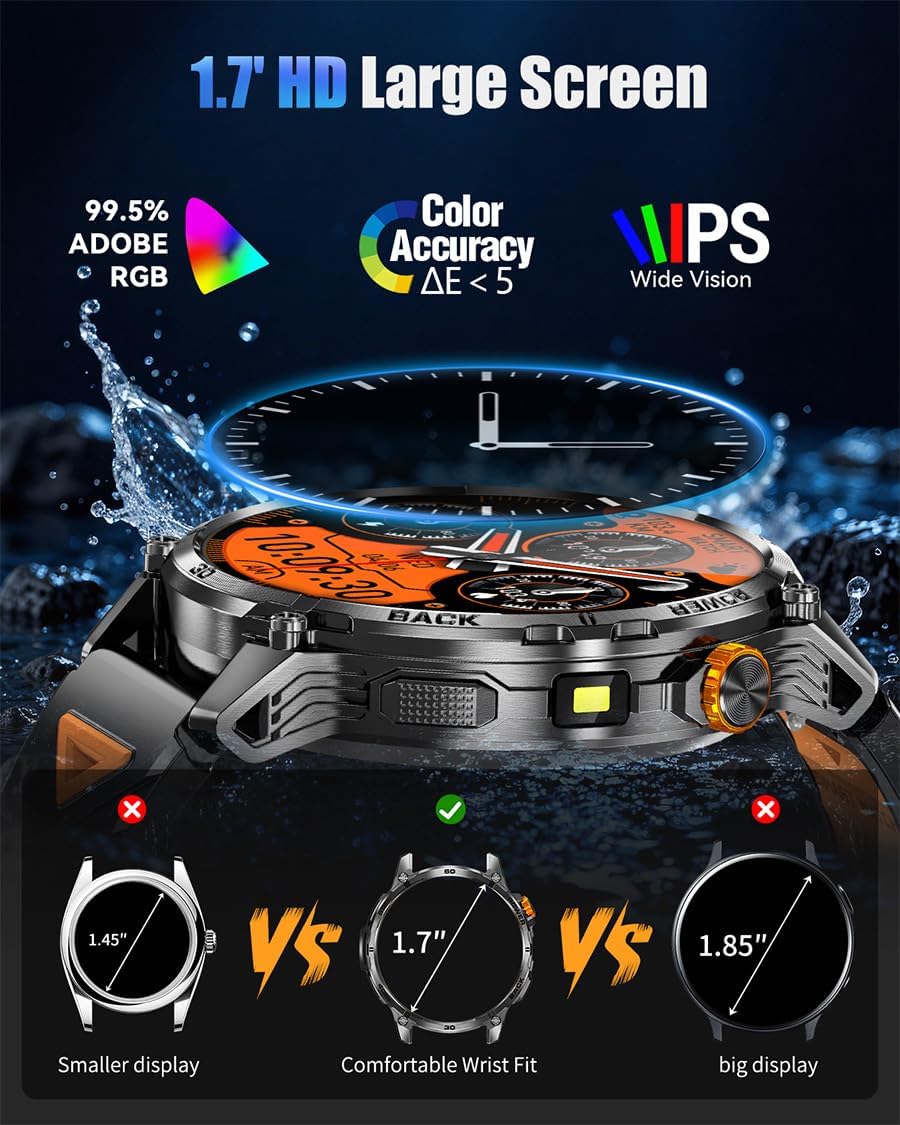 Military Smart Watches for Men,1000mAh/1.7" HD Large Screen Smartwatch, Led Flashlight, Answer/Make Calls,Waterproof,Heart Rate/Sleep Monitor/110+ Sport Modes Fitness Watch for Android/iPhone