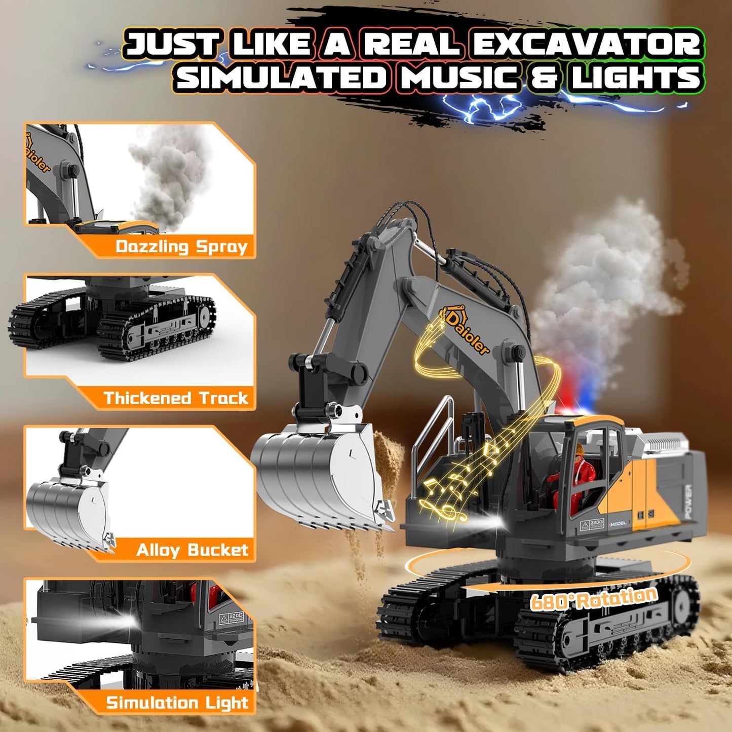 Remote Control Excavator Toy for Boys 3+, RC Construction Vehicle with Spray, Rechargeable Battery/680° Rotation/Metal Shovel/Light/Sound, RC Excavator Toy for Kid Digger Toys for Boy 3-5 4-7 8-12+