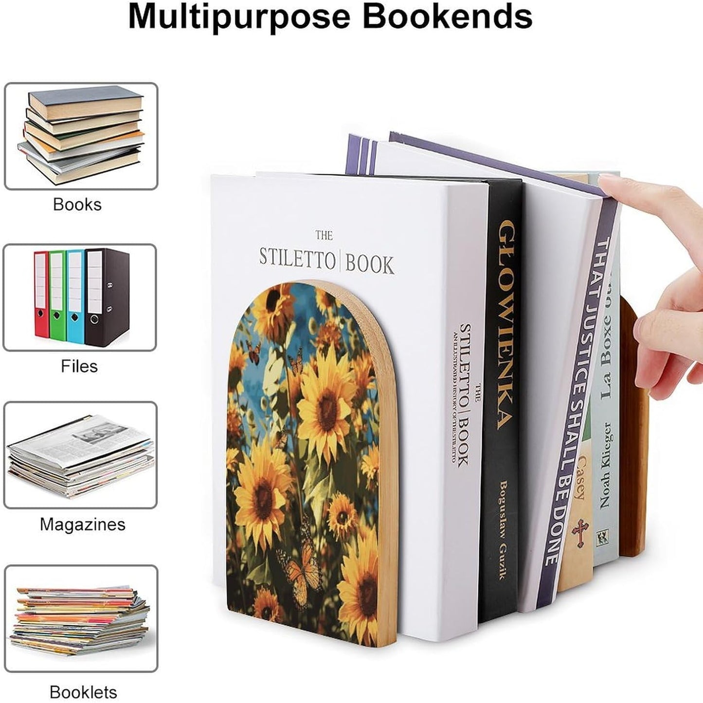 Sunflowers and Butterflies Bookend for Shelves Wooden Book End Large Size Sturdy Book Holders Stoppers with Metal Base for Bookshelves Slick Decorative Bookends Stands