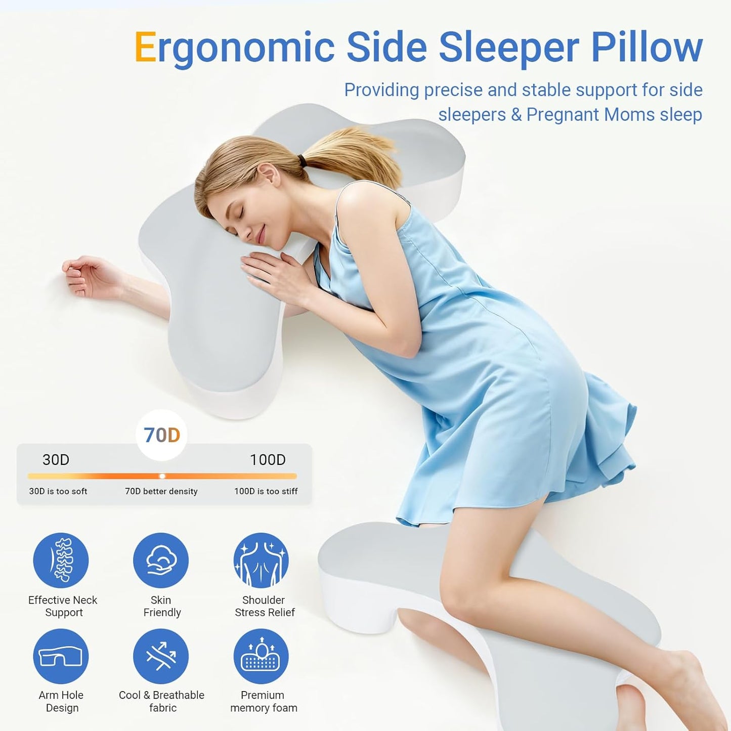 Side Sleeper Pillows with Arm Holes- Memory Foam Shoulder Pillow for Side Sleepers Neck Support & Rotator Cuff Pain Relief, 2PCS Pillowcase, Ergonomic Knee, Leg, Arm Pillow for Adults (Light Grey)