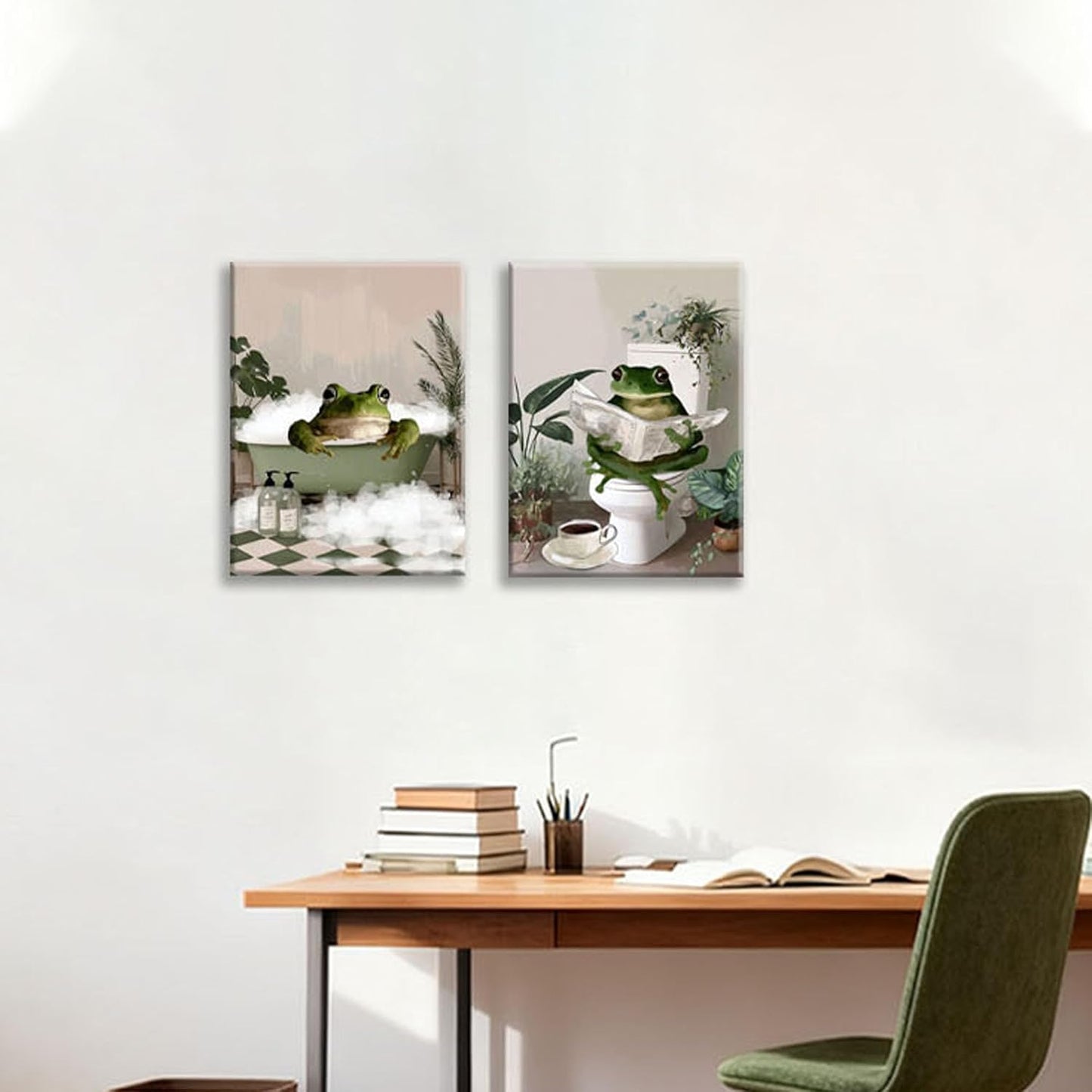 Frimeeme Set of 2 Funny Frog Bathroom Canvas Wall Art, Funky Frog in Bath Wall Decor，Green Bathroom Canvas Prints Decor Pictures Aesthetic Framed,12x16 inches