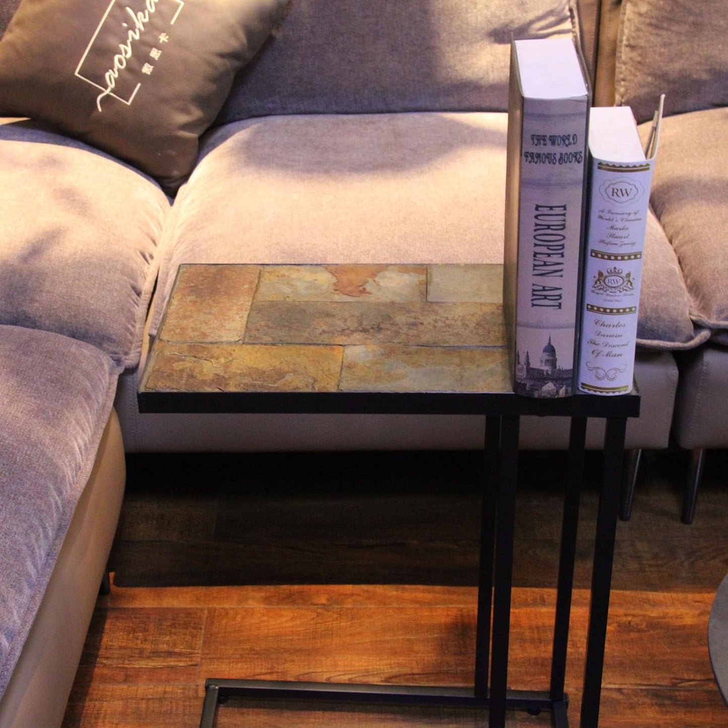 Zhongma Couch Tray Table,C-Shap End Table with Slate Table Top, Solid Real Stone, Side Table,Accent Table for Small Spaces