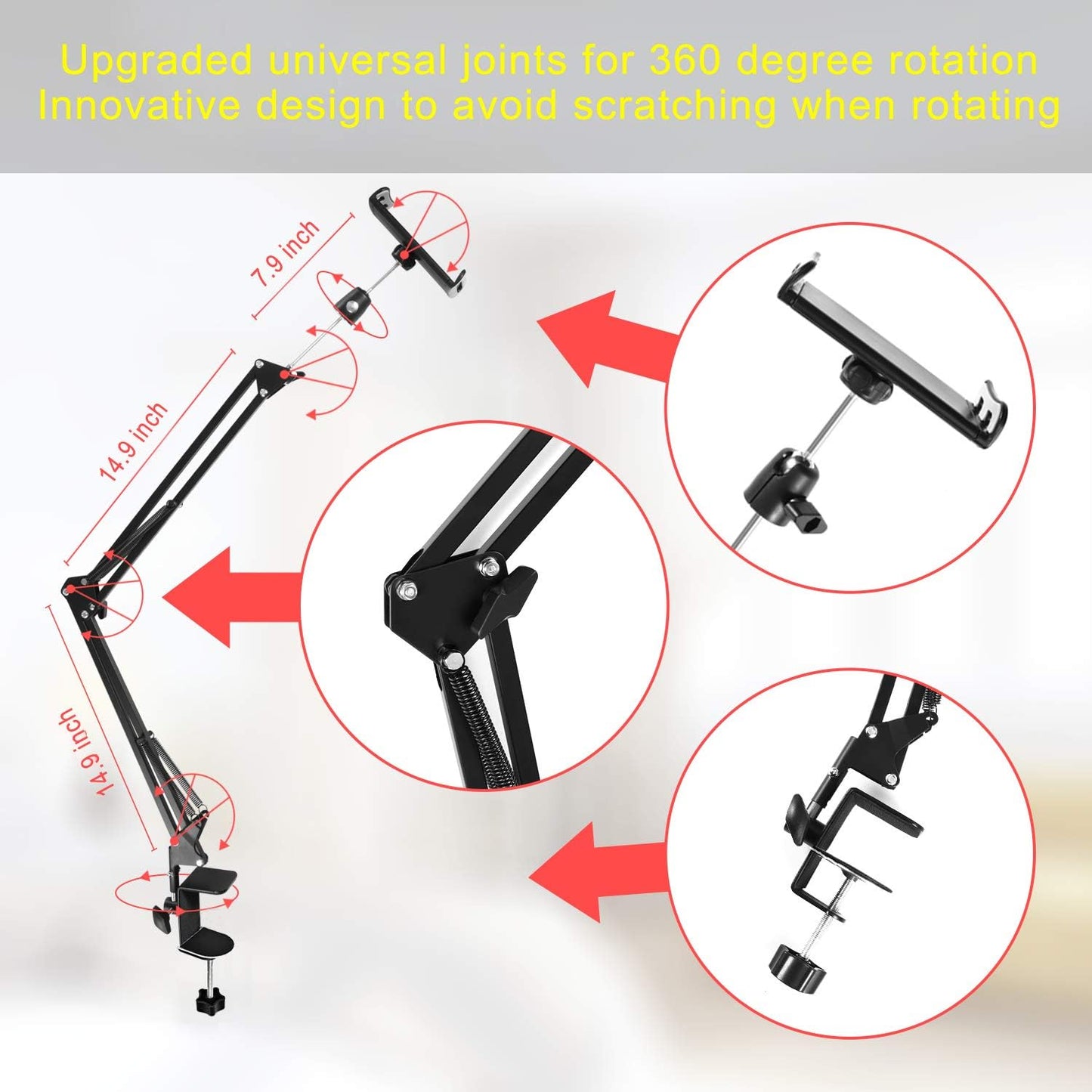 Tablet Stand for Bed,360 Degree Rotating Bed Tablet Mount Holder Stand with Aluminum Arm for iPad,iPhoneXS,N-Switch, Amazon Kindle Fire,or Other 4.7~12.9 inch-Screen Devices