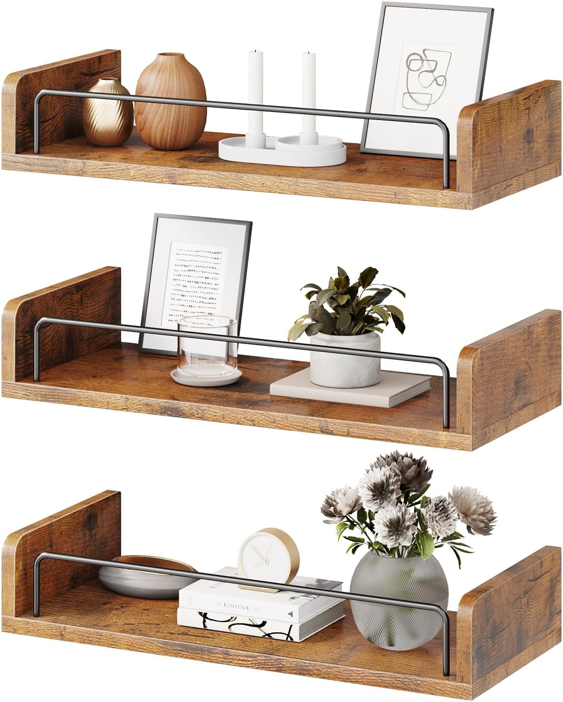 Floating Shelves for Wall, Floating Shelves for Bedroom Kitchen Decor, Wall Mounted Rustic Farmhouse Wood Shelf for Books, Plants, Set of 3 (Rustic Brown)