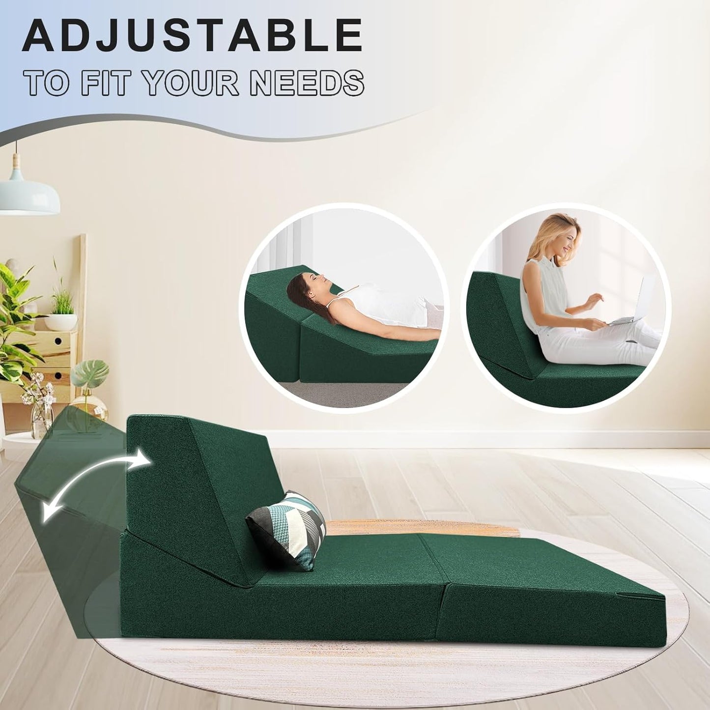 ANONER Convertible Chair Bed Sleeper with Memory Foam & Pillow Fold Out Chair Bed Couch Lounge Chaise for Living Room Bedroom Guest Room Home Office, Dark Green
