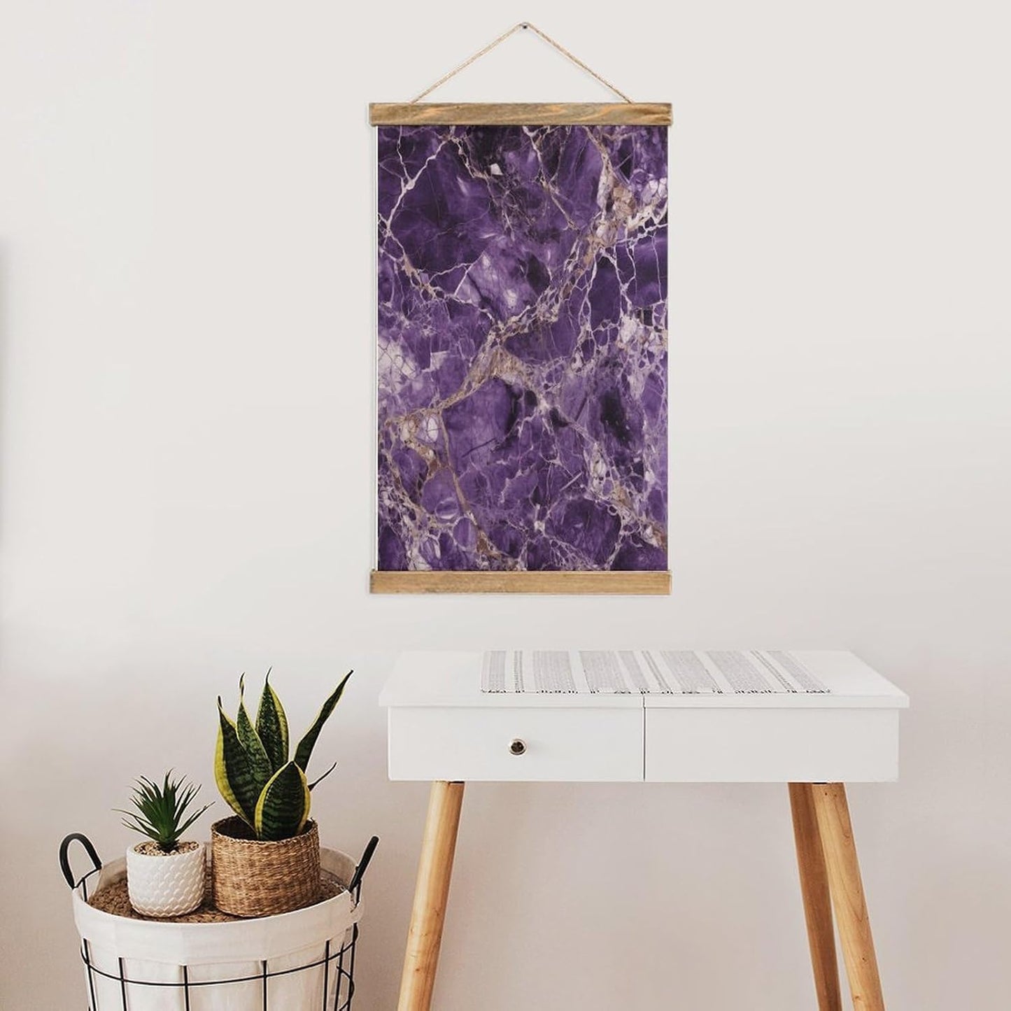 Vintage Marble Purple Poster with Wooden Frame Personalized Linen Hanging Scroll Painting Rustic Wall Hanging Illustrative Modern Artwork Decor for Home Living Room Bedroom Office