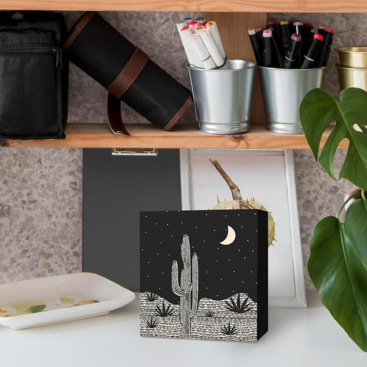 Black Western Cactus Wooden Box Sign Desk Decor, Western Shelf Decor, Farmhouse Desert Decorative Signs for Bedroom Living Room, Mid Century Southwest Home Shelf Desk Decor 5x5 Inch