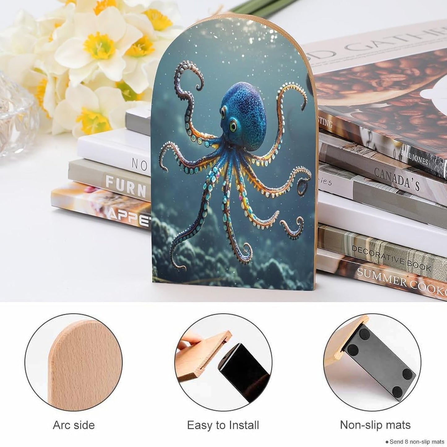 Octopus Bookends 1 Pair Heavy Duty Book Ends for Shelves Non-Skid Bookend Supports Wooden Book Holders with Metal Base Desk Organizers Books Storage to Hold Books