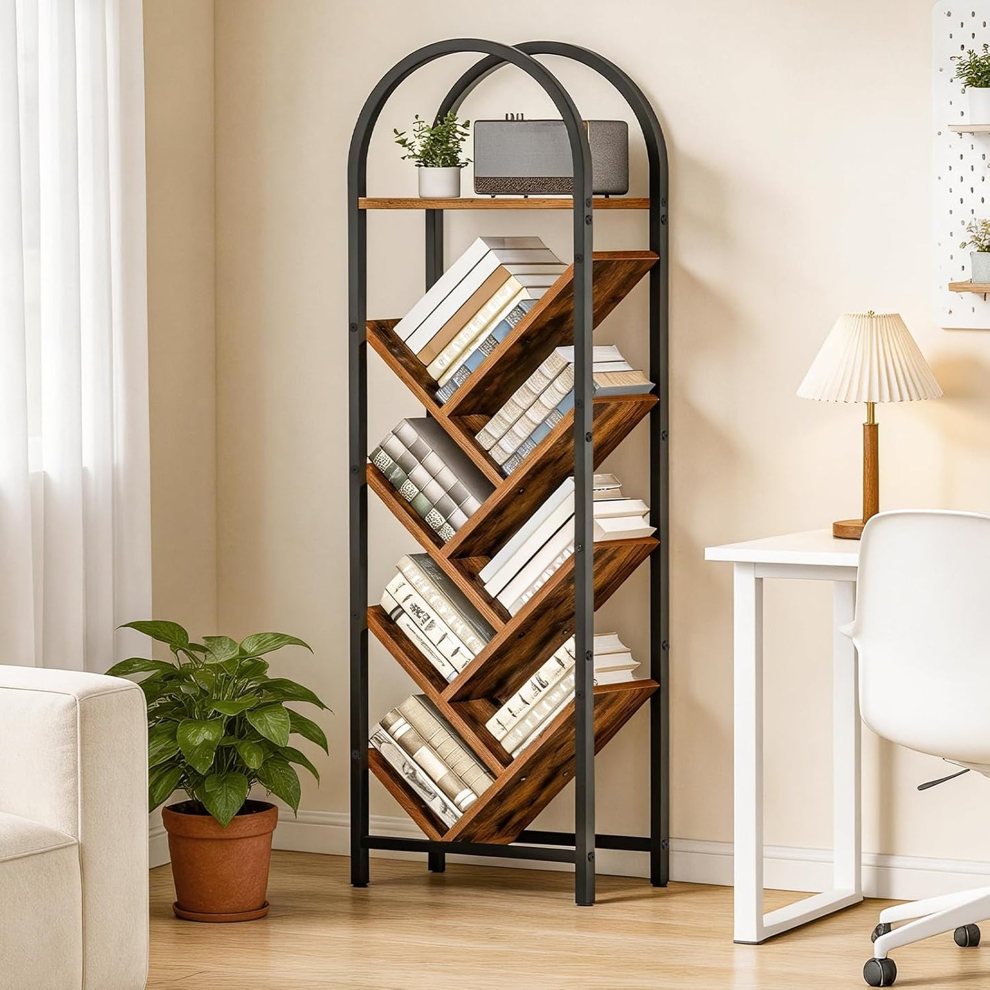 HOOBRO Tree Bookshelf, 8-Tier Floor Standing Bookshelf, Storage Organizer Bookcase for Books/CDs, Wooden Arched Tall Bookshelf for Living Room, Bedroom, Study, Rustic Brown and Black BF07SJ01