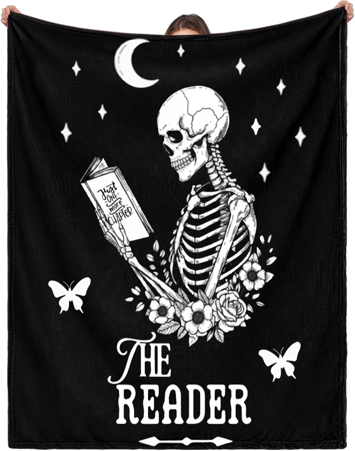 Moukeren Book Lovers Gifts for Readers Gothic Skeleton Reading Blanket 50"x60" Soft Flannel Throw Book Blanket for Women Bookish Bookworm Club Librarian Birthday Gifts Cozy Reading Accessories