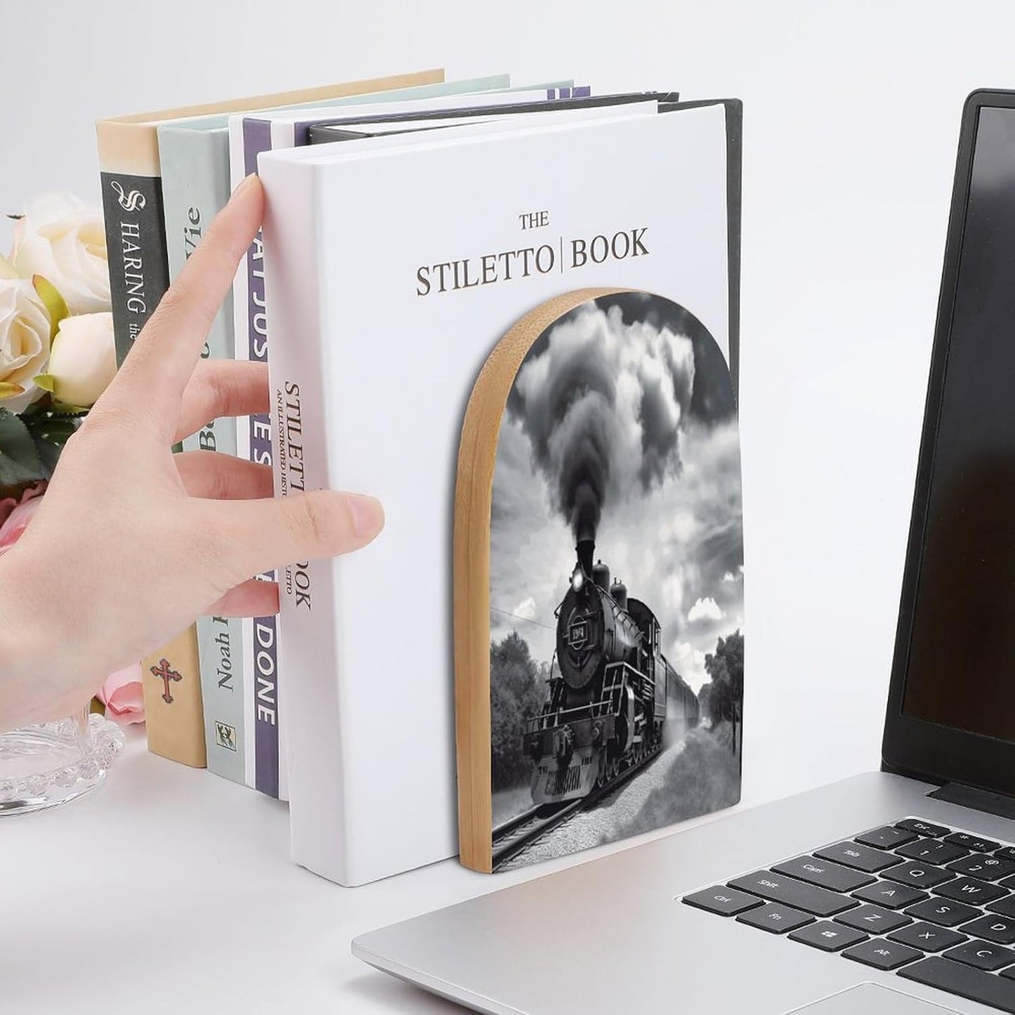 Steam Train Clouds Bookend for Shelves Wooden Book End Large Size Sturdy Book Holders Stoppers with Metal Base for Bookshelves Slick Decorative Bookends Stands