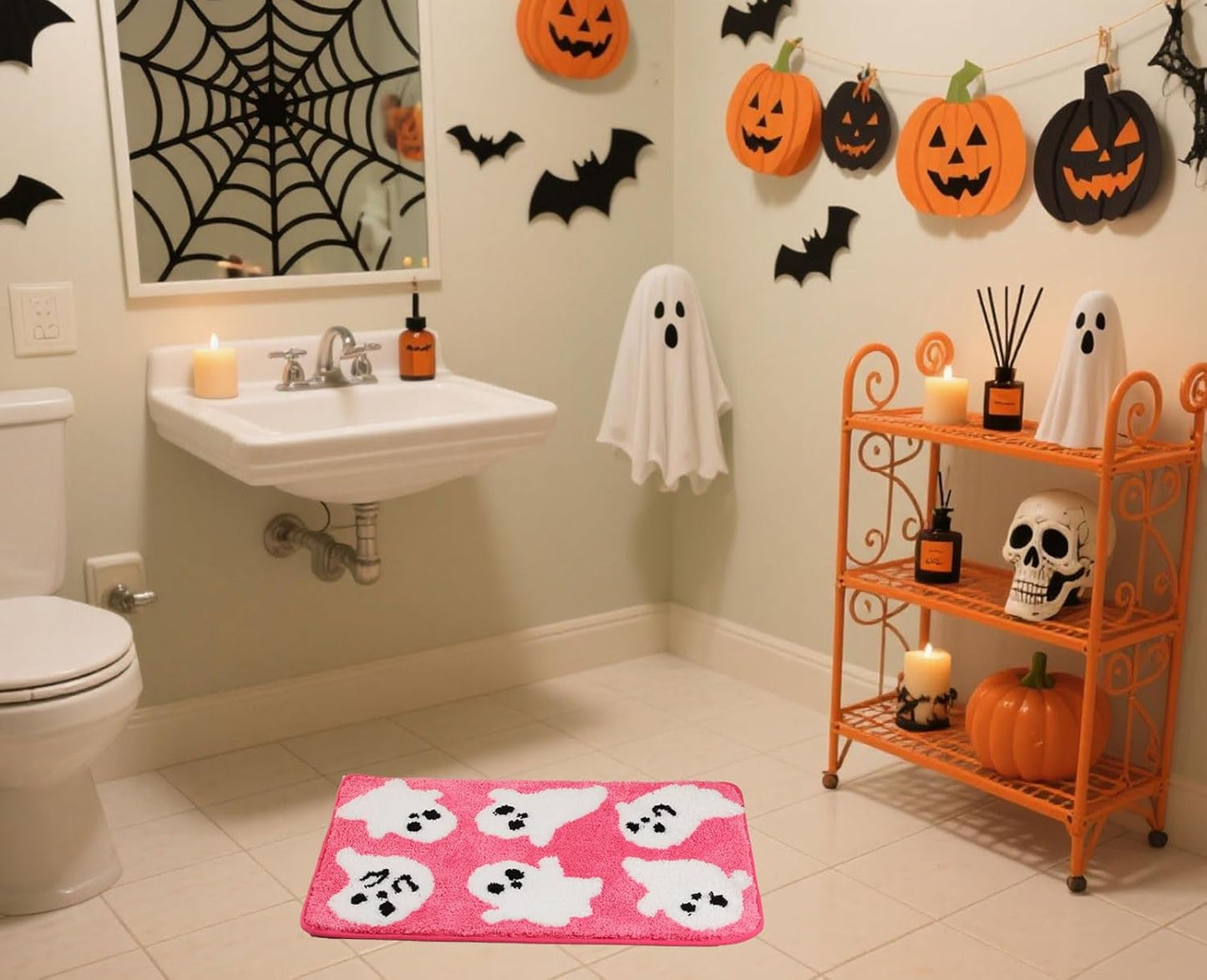 Halloween Bath Mat, Pink Ghost Bathroom Rugs Non-Slip, Soft Absorbent Washable Bath Rug for Shower Floor, Cute Rug for Bedroom Home Decor - Unique Gift