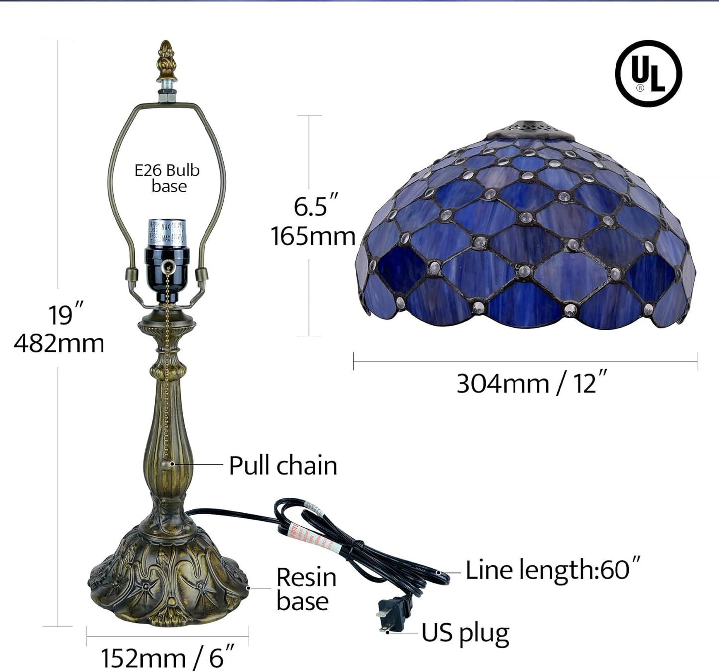 Tiffany Lamp Vintage Deep Blue Stained Glass Bead Table Lamp Desk Bedside Reading Light Decor Bedroom Living Room Home Office D12*H18 Inches