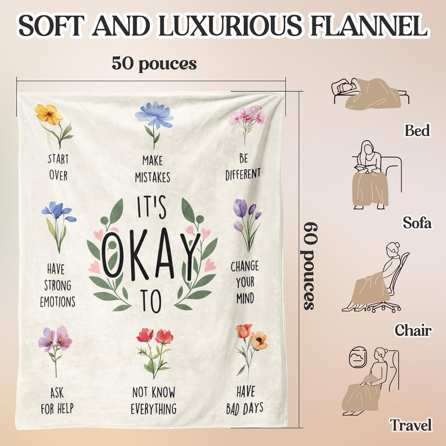 Inspirational Birthday Gifts for Women, Encouragement Gifts for women, Stress Relief, Mental Health, Christian Motivational Gift for Her Female, Positive Affirmation Blanket with Flowers 50'' x 60''