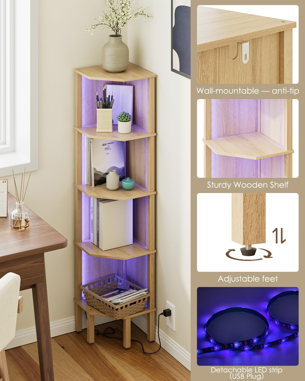 Corner Shelf Stand, 5 Tier Corner Bookshelf with Light,Corner Furniture for Bedroom Display Corner Shelf for Small Space,Wood Shelves with Storage Rack for Living Room,Office,Oak