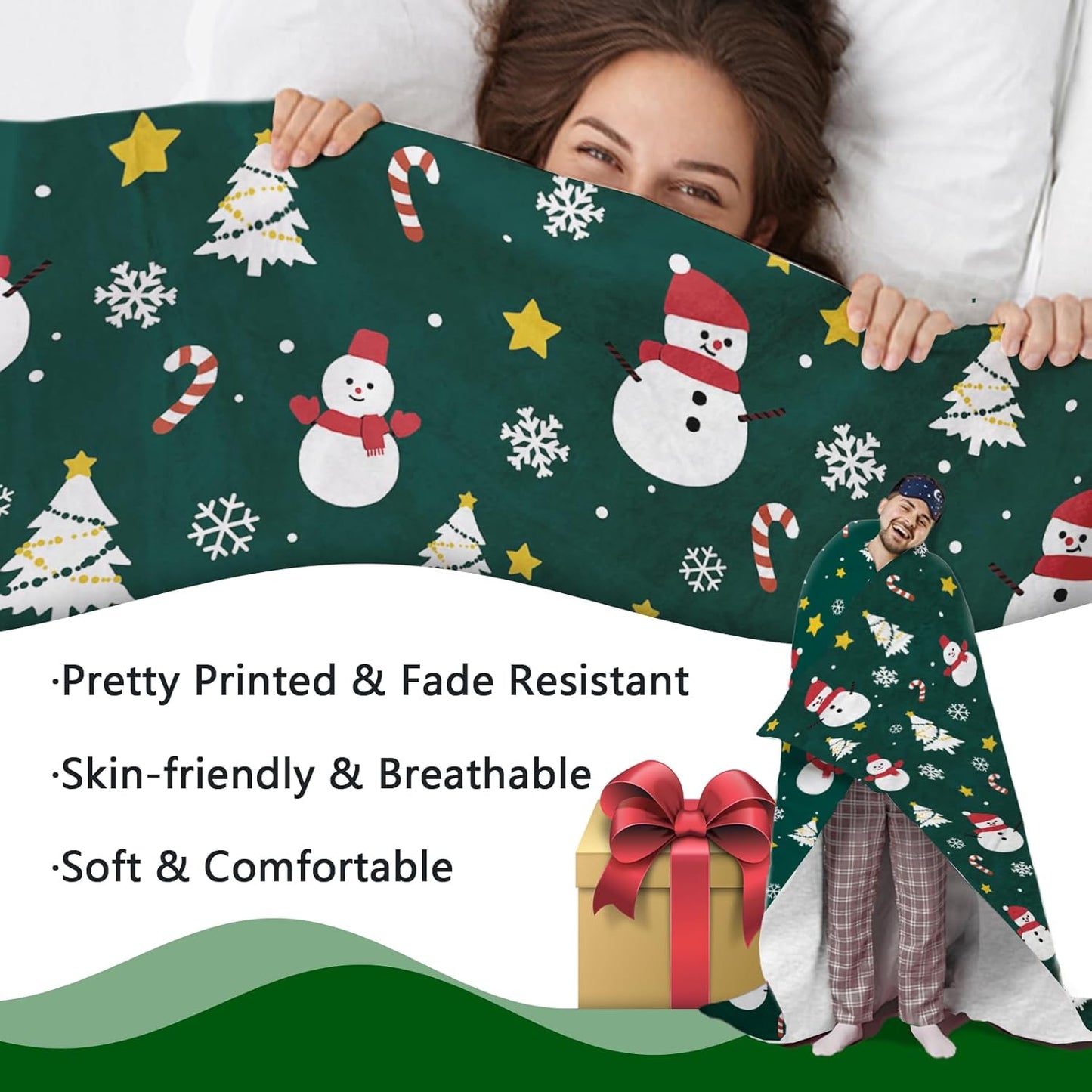 Green Christmas Snowman Flannel Throw Blanket, Xmas Tree Snowflake Candy Cane Stars Birthday Gifts for Kids Men Women, Winter Holiday Soft Blankets for Bedding Sofa 50 x 60 Inches
