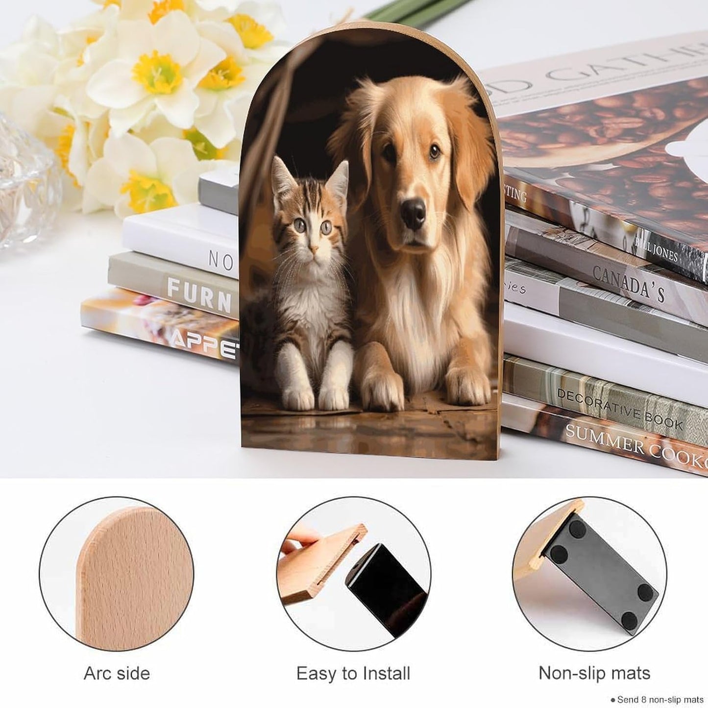 Dog and Cat Bookends 1 Pair Heavy Duty Book Ends for Shelves Non-Skid Bookend Supports Wooden Book Holders with Metal Base Desk Organizers Books Storage to Hold Books