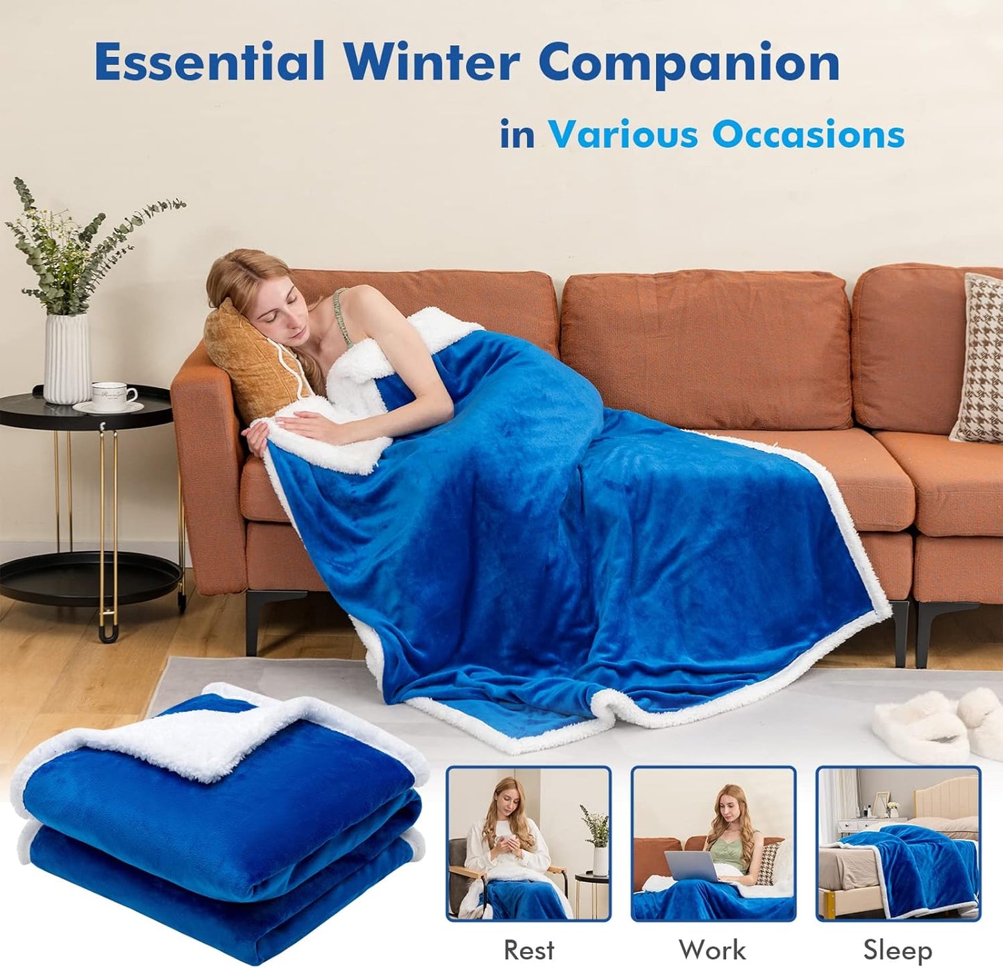 Giantex Heated Electric Blanket Throw, Reversible Flannel & Sherpa Fleece Blanket with 10 Heat Levels, 9 Hours Auto Shut-Off, Overheat Protection, 50'' X 60'' Machine Washable, Heating Blanket(Navy)