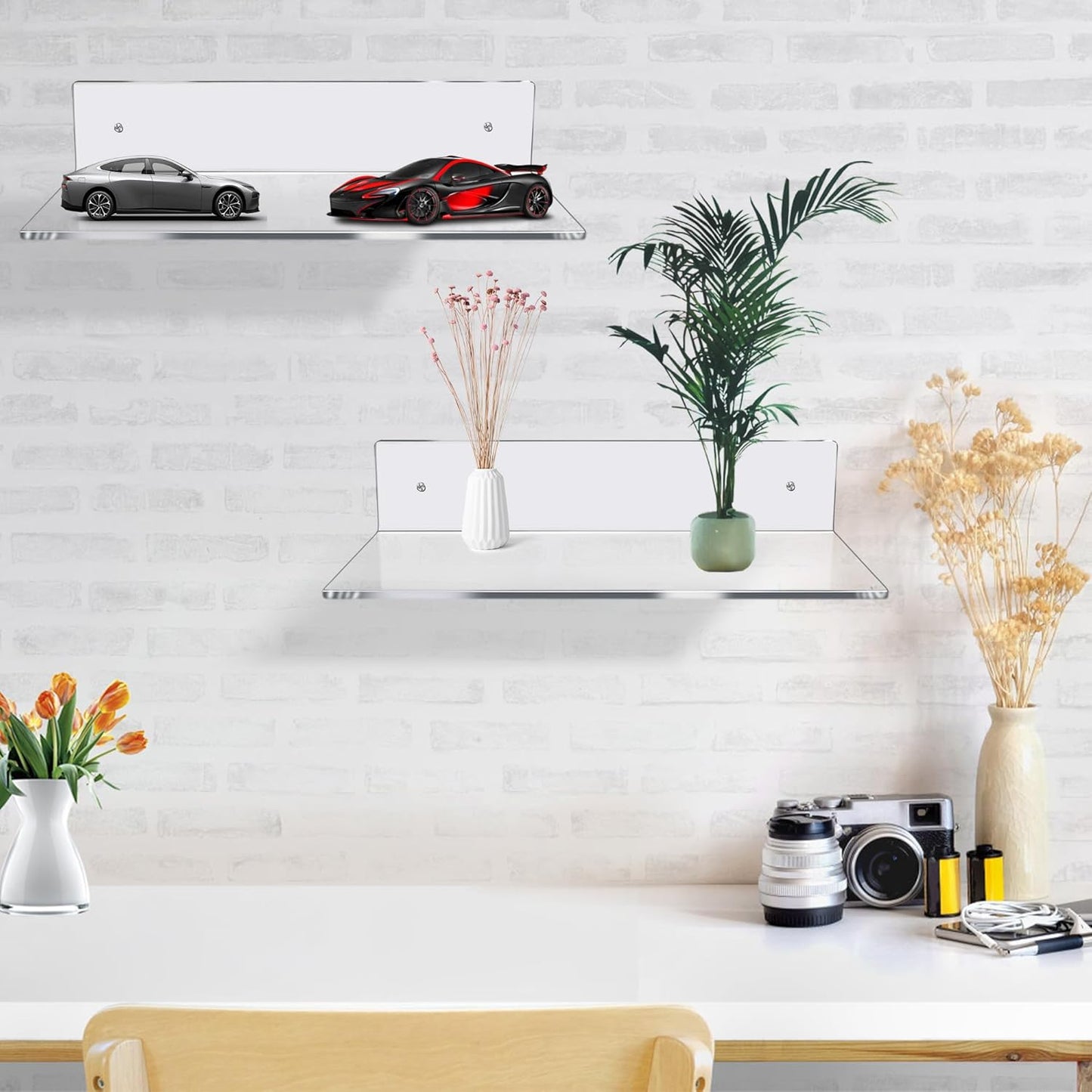 12 Inch L-Shaped Acrylic Floating Shelf Clear Wall Mounted Shelves Invisible 5MM Thick Shelf for Wall Storage Clear Shelves for Makeup Photo Picture Book Record Display 4 Pack