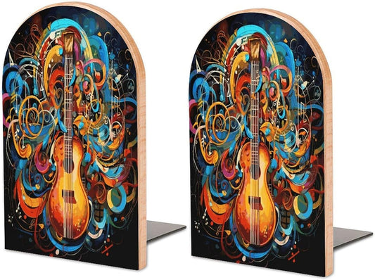 Music Series Bookend for Shelves Wooden Book End Large Size Sturdy Book Holders Stoppers with Metal Base for Bookshelves Slick Decorative Bookends Stands