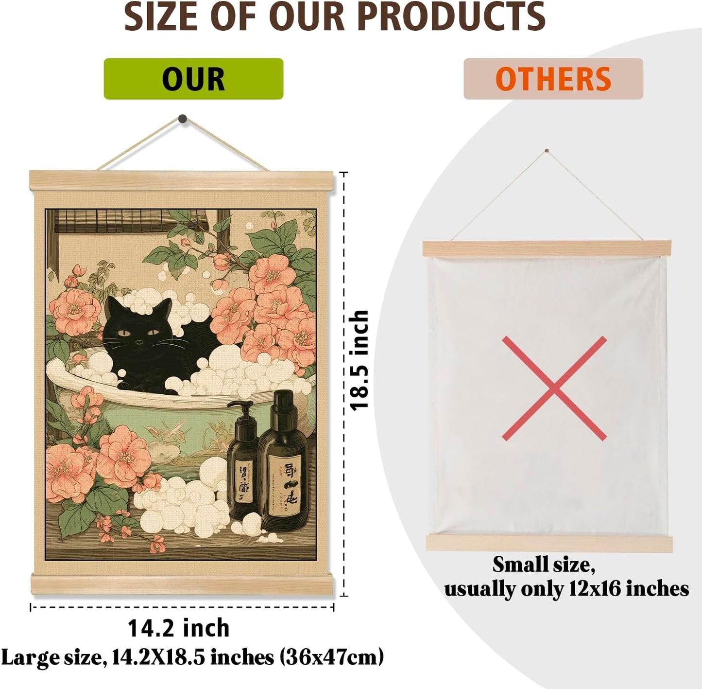 Funny Japanese Style Black Cat Bathing Linen Poster with Wood Hanger, Elegant Animal Wall Art,Vintage Bathroom Wall Hanging Decor for Cat Lovers,Friends Gift 14 x 18.5 Inches (Black-cat)