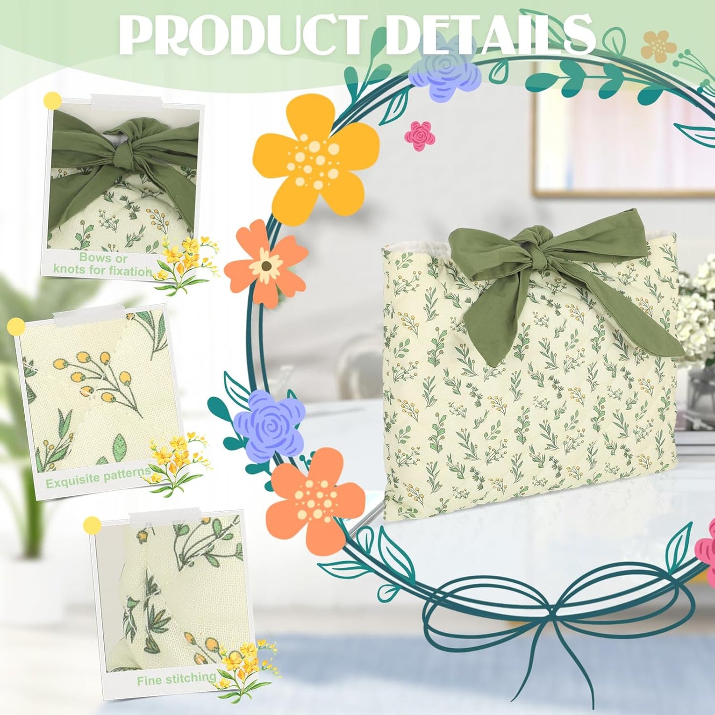Quilted Bow Bible Sleeve Book Cover - Internal Storage Pocket, Flower Bible Sleeve Cover for Women, Washable for Paperbacks Pouch with Pockets, for Women Girls Book Lover Gifts