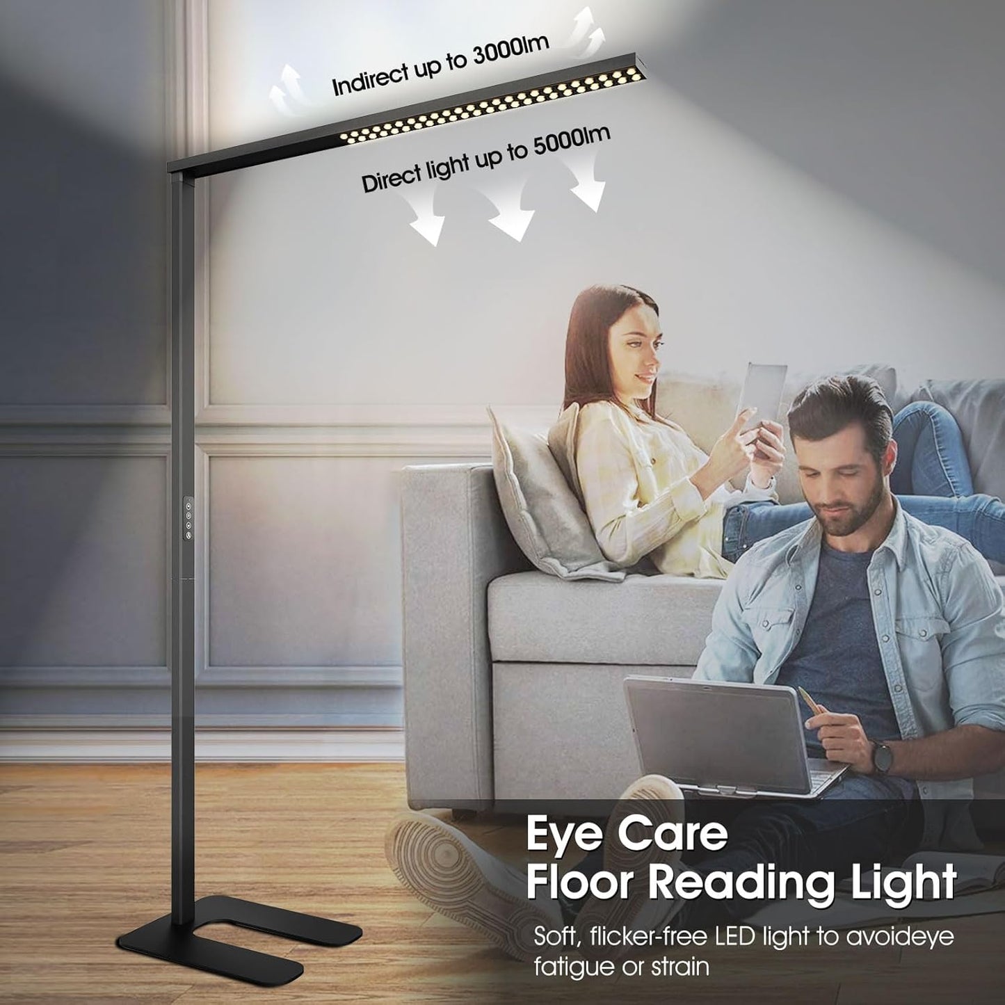 190.8cm(77인치) LED 플로어 램프, 80W 블랙 모던 프리 스탠딩 램프, 8000LM 조도 조절 가능한 고휘도 사무실 램프, 독서 공부방, 거실, 침실, 피아노룸, 회의실용, 4000K 자연 일광