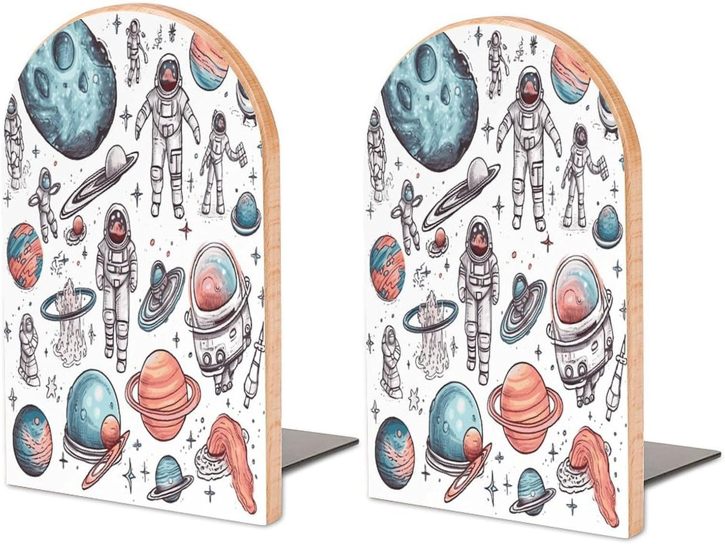 Space Theme Wooden Bookend Non-Slip Book Ends Heavy Duty Book Stopper with Metal Base Books Holderd Decorative Bookends Stands Firmly for Office Supplies