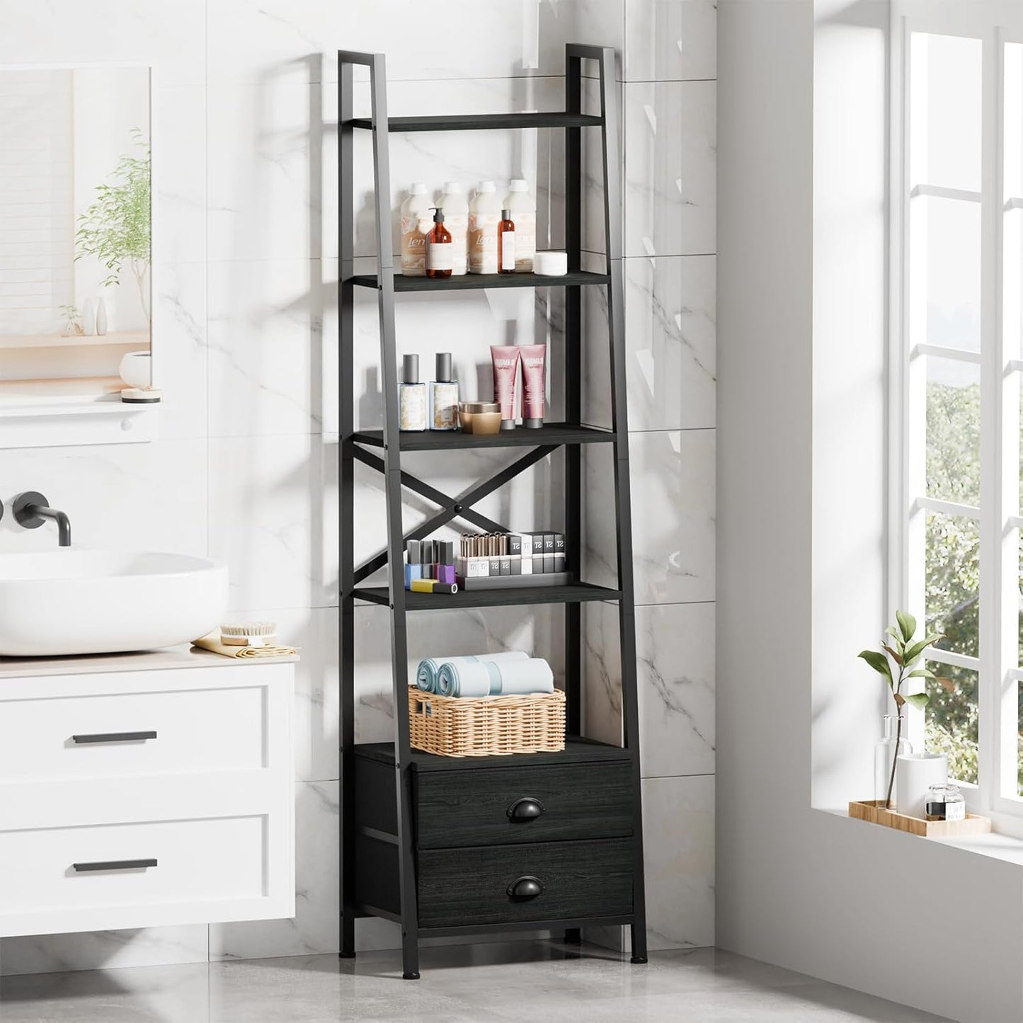 Furologee 5-Tier Ladder Shelf with 2 Drawers,Narrow Bookshelf Storage Shelves,Industrial Bookcase Freestanding Rack Units for Bedroom,Living Room,Bathroom,Home Office,Balcony,Wood Metal, Black Oak