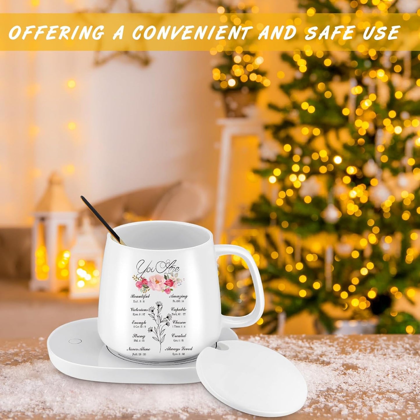 Suclain Christian Coffee Mug with Warmer Set for Women 13.5 oz Coffee Cup Mug Warmer for Desk Inspirational Electric Cup Warmer with Auto Shut Off for Home Office Mother Teacher Gifts(Elegant)