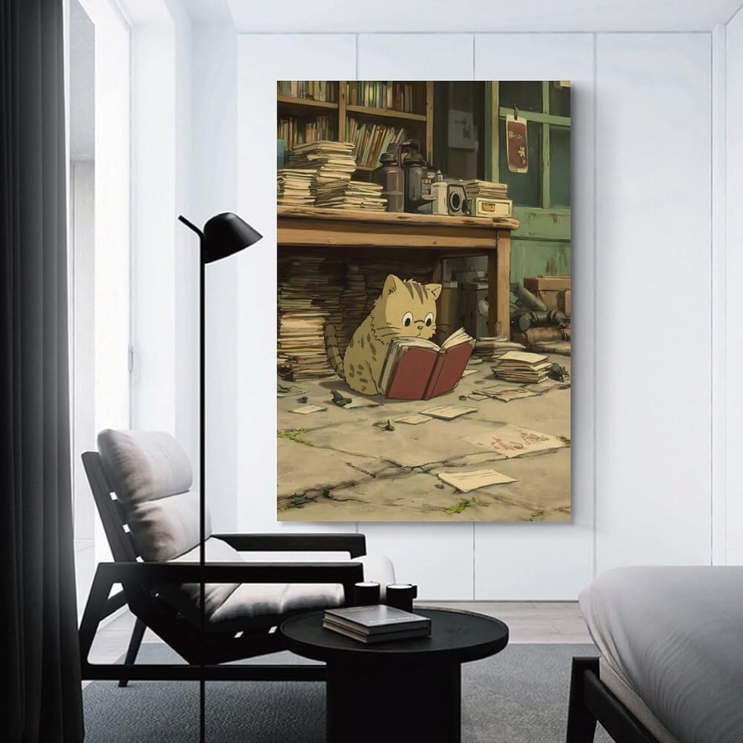 Kitten Sitting Room Full Books Clutter Seriously Reading Red Book Canvas Wall Art Living Unframe-style-2 08x12inch(20x30cm)