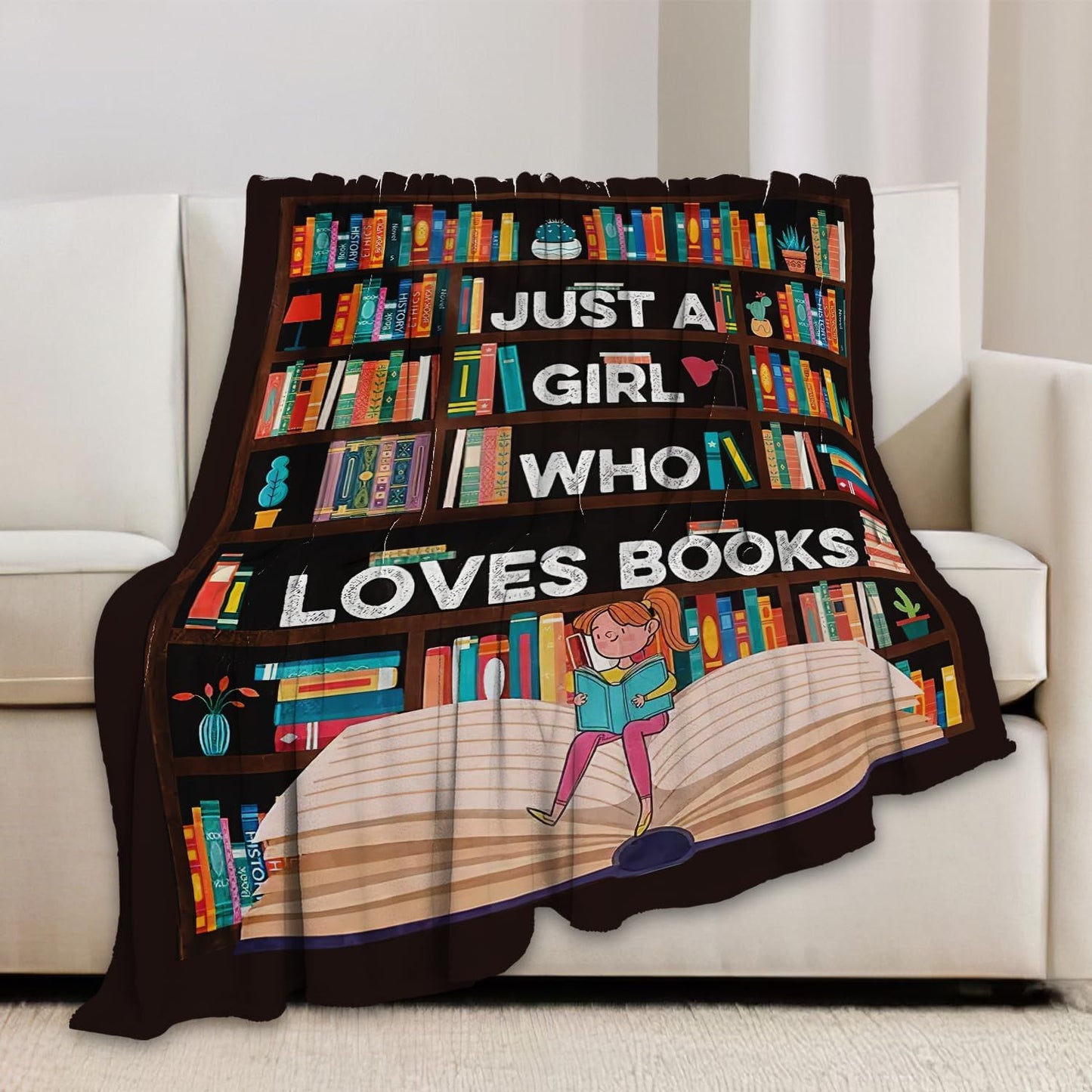Book Blanket Just A Girl Who Loves Books Throw Blanket Stuff Decor Merch Cozy Flannel Soft Warm Plush Lightweight Bedding Gifts for Girl Woman Sofa Bedding Couch 50"X40"