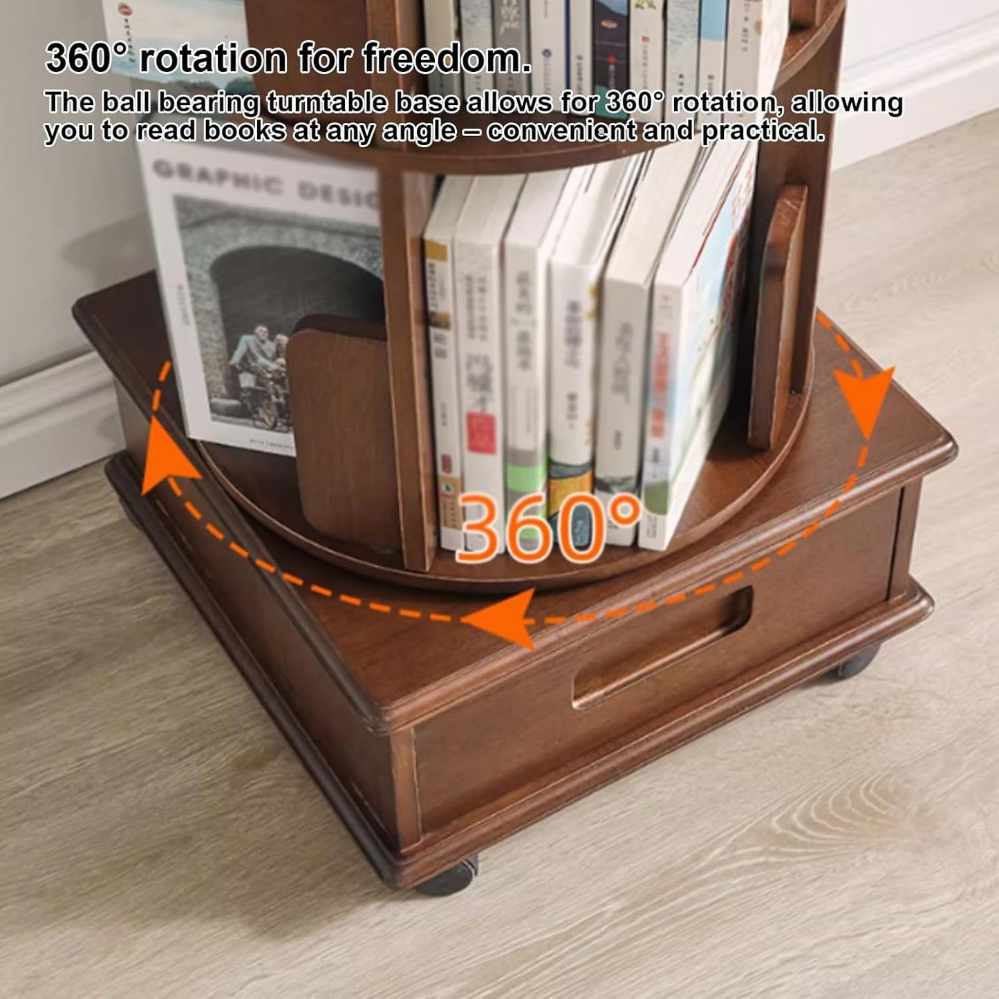 4/5/6 Rotating Bookshelf with Wheels 360 Degree Home Bookcase Living Room Full Solid Wood Floor Movable wall Shelf Suitable for Home Office Study(4th Floor)