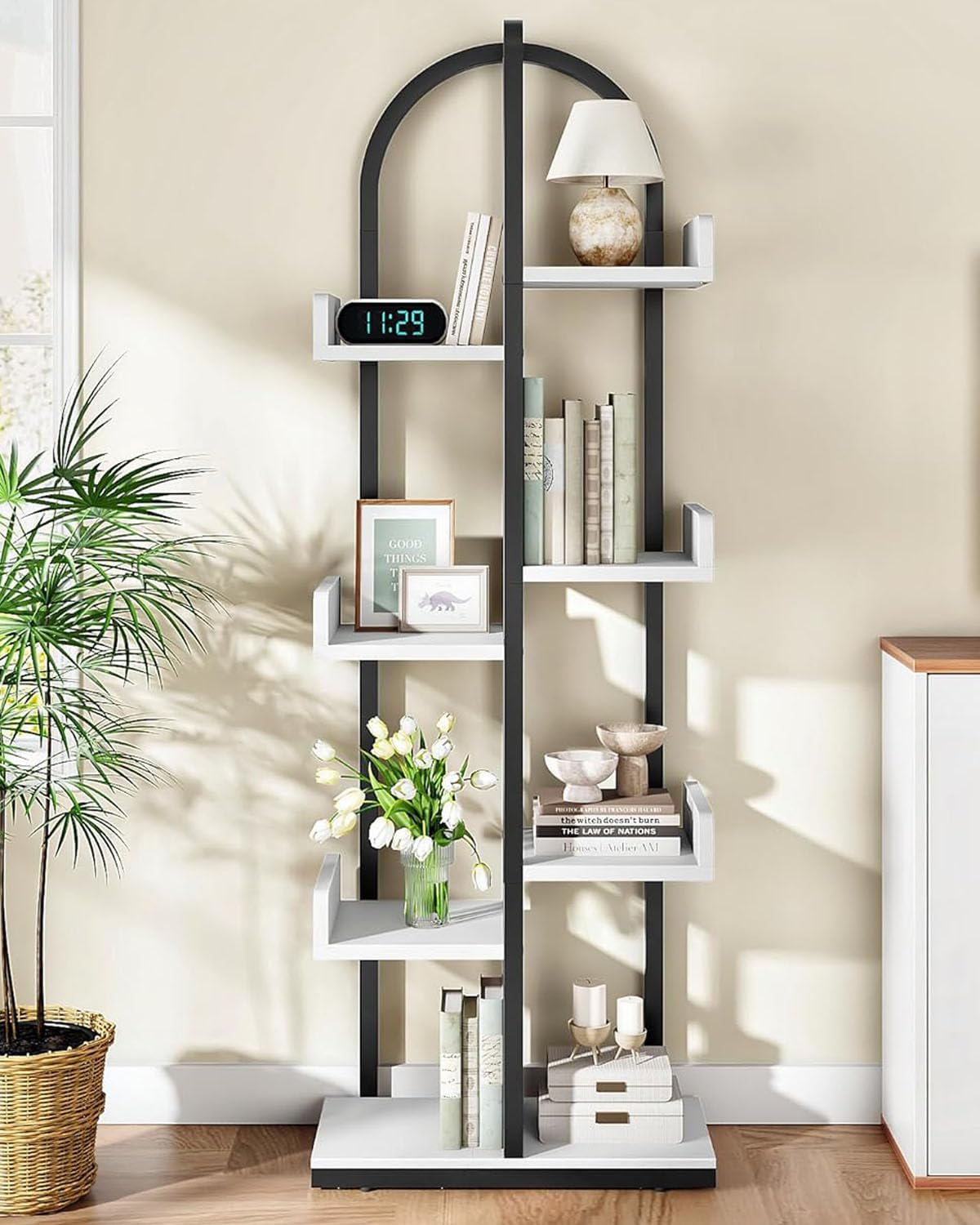 Corner Bookshelf, Curved 6-Tier Bookcase with Anti-Tip Kit, Adjustable Feet and Staggered Shelves for Living Room, Bedroom, Study, Office, White and Black TSJ06BW