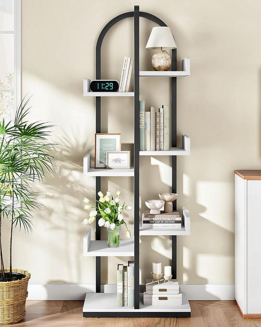 Corner Bookshelf, Curved 6-Tier Bookcase with Anti-Tip Kit, Adjustable Feet and Staggered Shelves for Living Room, Bedroom, Study, Office, White and Black TSJ06BW