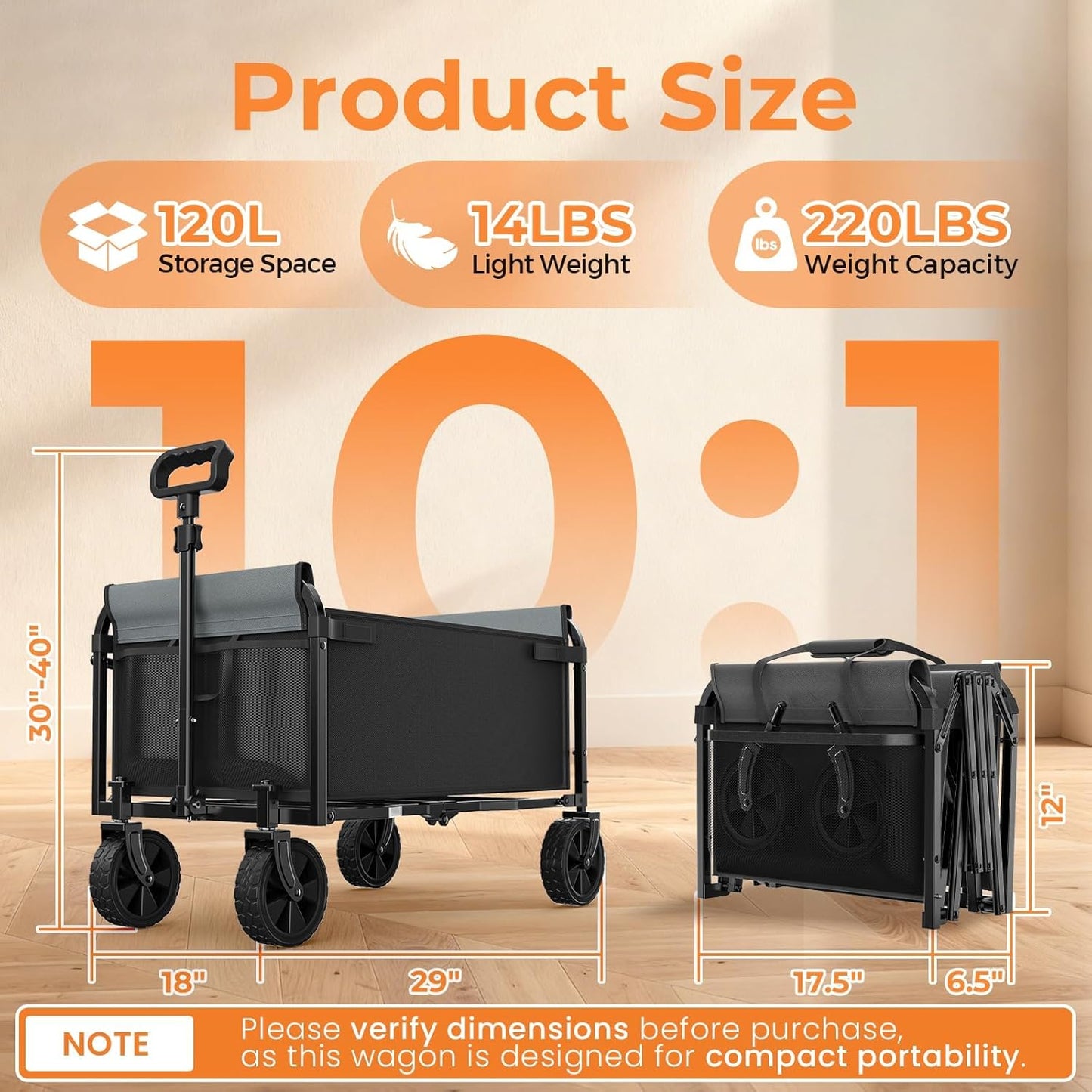 3-in-1 Portable Collapsible Wagon, Foldable Cart with Removable Side, Utility Groceries Wagon Cart for Dogs Pets Shopping Camping Beach Sports Gardeing Fishing, Black