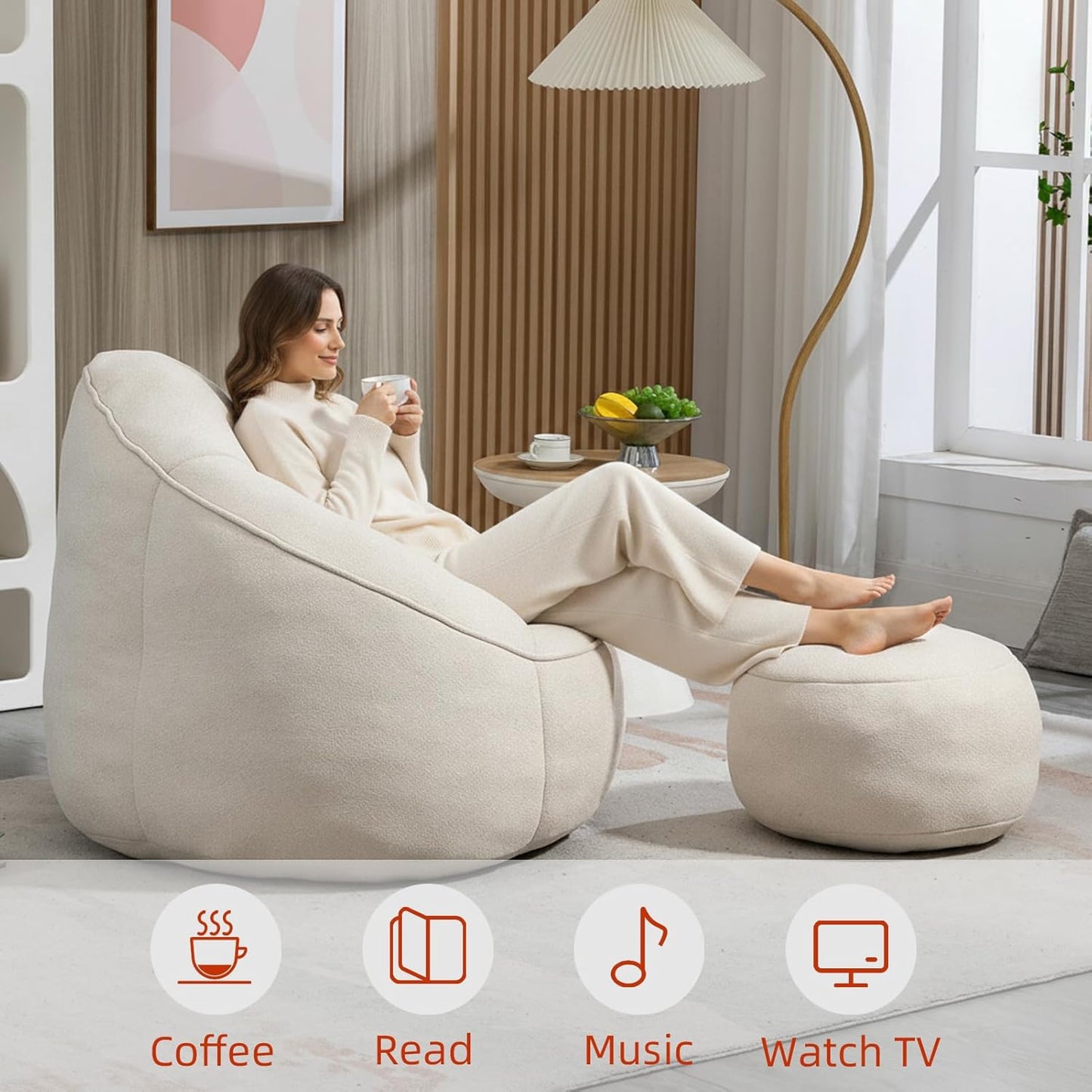 Bean Bag Chairs, Gaint Bean Bag Couch with Memory Foam for Adults and Kids, Microfiber Upholstered Sofa with Ottoman, Comfy Lazy Bean Bag Reading Chair for Living Room