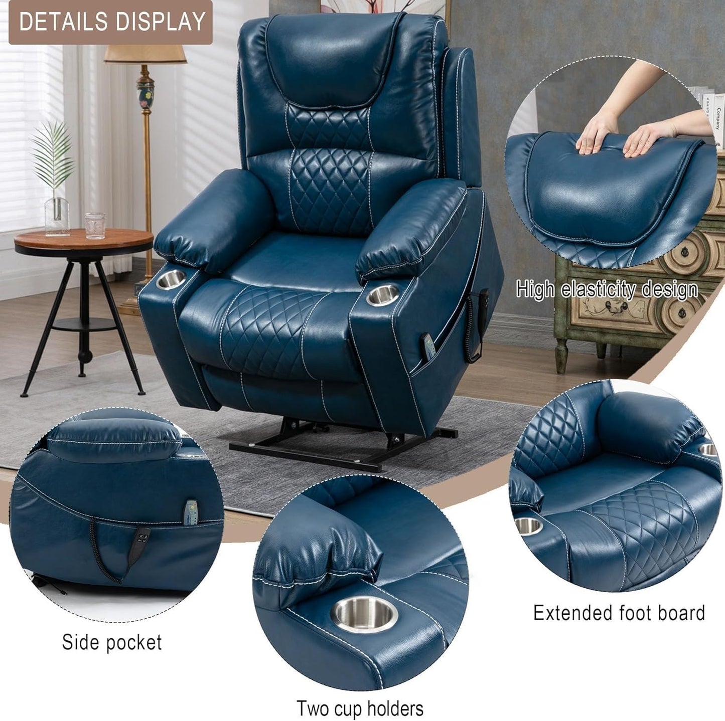 Large Power Lift Recliner Chair for Elderly, Dual Motor Infinite Position Reclining Sofa with Massage and Heat, Blue Leather Home Theater Seat with Cup Holders