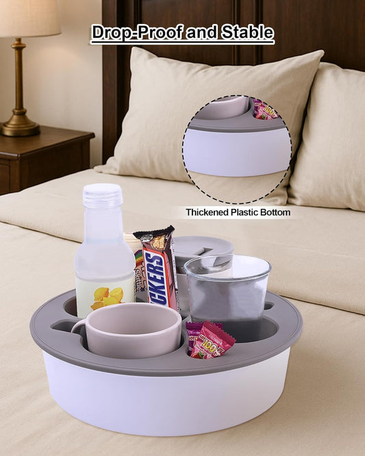 Couch Cup Holder Tray Round, Bonfixe 4-Cups Bedside Drink Holder for Elderly/Pregnancy, Stable Non-Spill Silicone Couch Caddy for Remote Control, Glasses‌, Snacks, Phones‌ (Black-Gray)