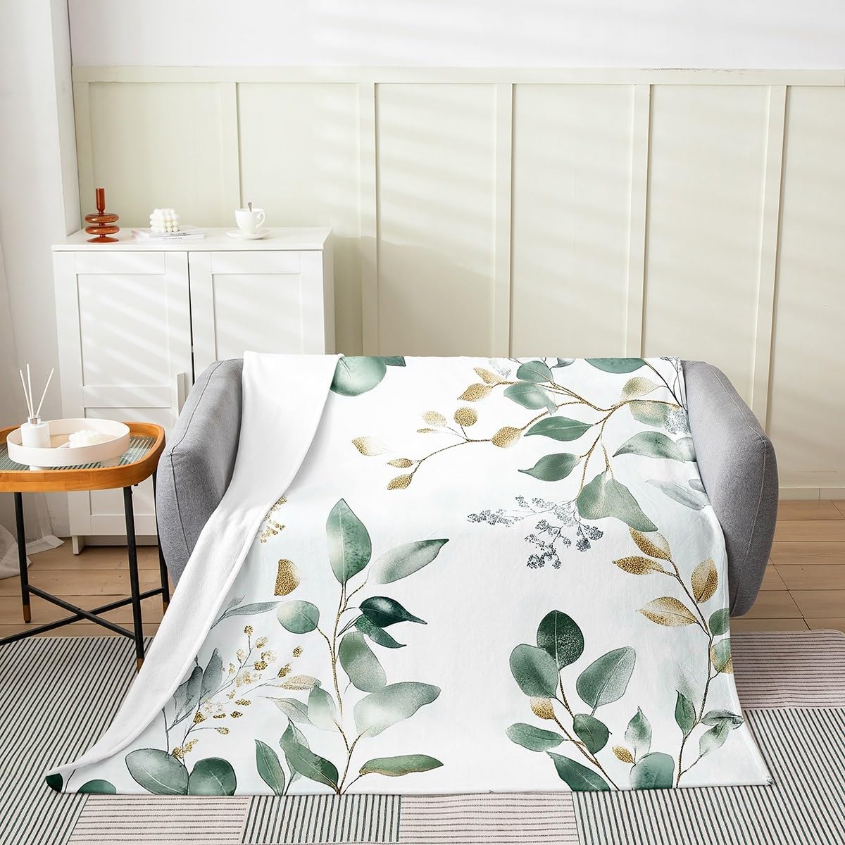 Erosebridal Sage Green Botanical Flannel Blanket Eucalyptus Golden Leaves Fuzzy Plush Throw Spring Watercolor Plants Fleece Blanket Rustic Farmhouse Nature Leaf for Sofa Bed Couch Queen 90x90
