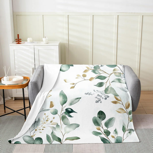 Erosebridal Sage Green Botanical Flannel Blanket Eucalyptus Golden Leaves Fuzzy Plush Throw Spring Watercolor Plants Fleece Blanket Rustic Farmhouse Nature Leaf for Sofa Bed Couch Queen 90x90